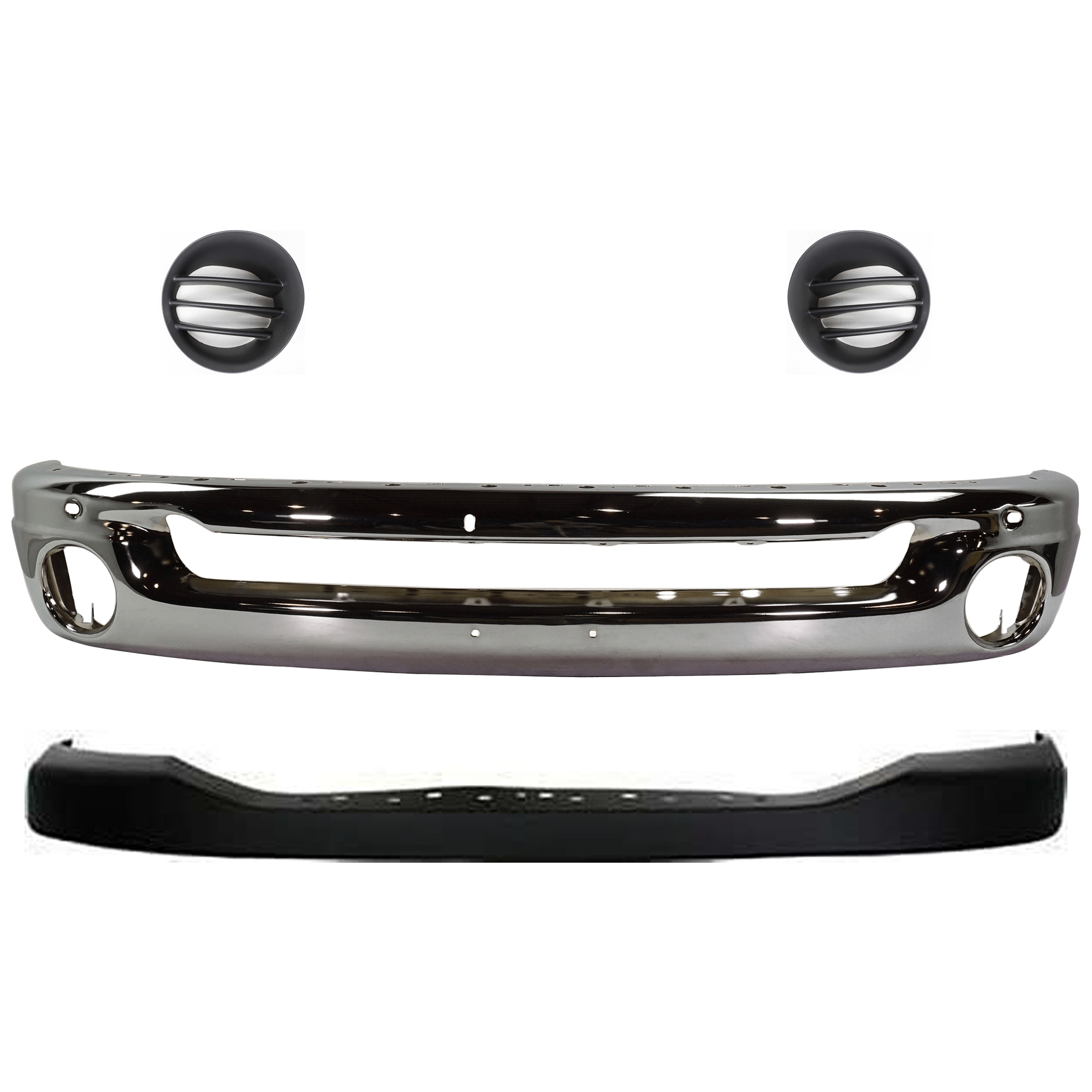 AM DODGE RAM FULL SIZE PICKUP 06-09 FRONT BUMPER 4 pc kit Face Bar Steel Chrome with Bumper Cover and Fog Light Cover SKU KIT 071824 C433 Partslink CH1002383 CH1014100 CH1039104 CH1038104 OEM 55077946AB ZA17TZZAA 55077234A