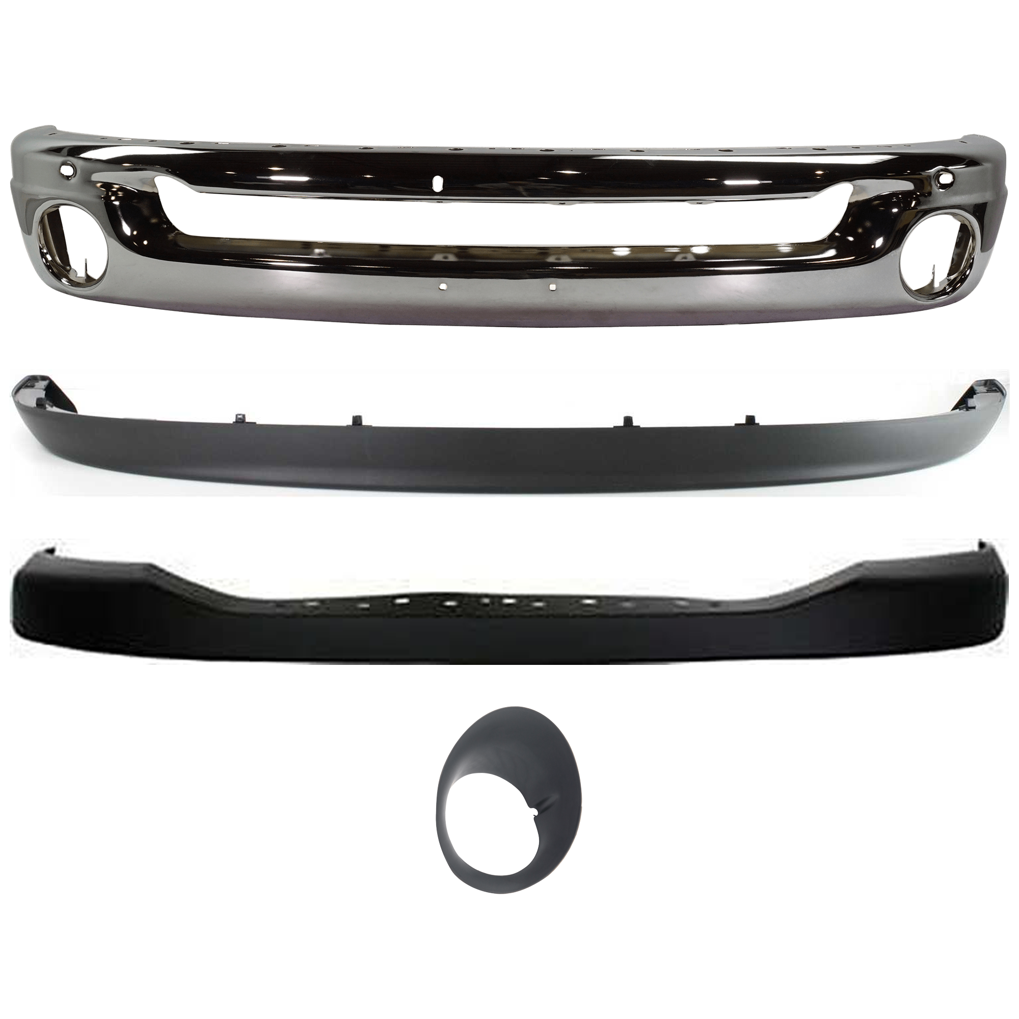 AM DODGE RAM FULL SIZE PICKUP 06-09 FRONT BUMPER 4 pc kit Face Bar Steel Chrome with Bumper Cover Fog Light Trim and Valance SKU KIT 071824 C436 Partslink CH1002383 CH1014100 CH2598101 CH1090125 OEM 55077946AB ZA17TZZAA 55077239A