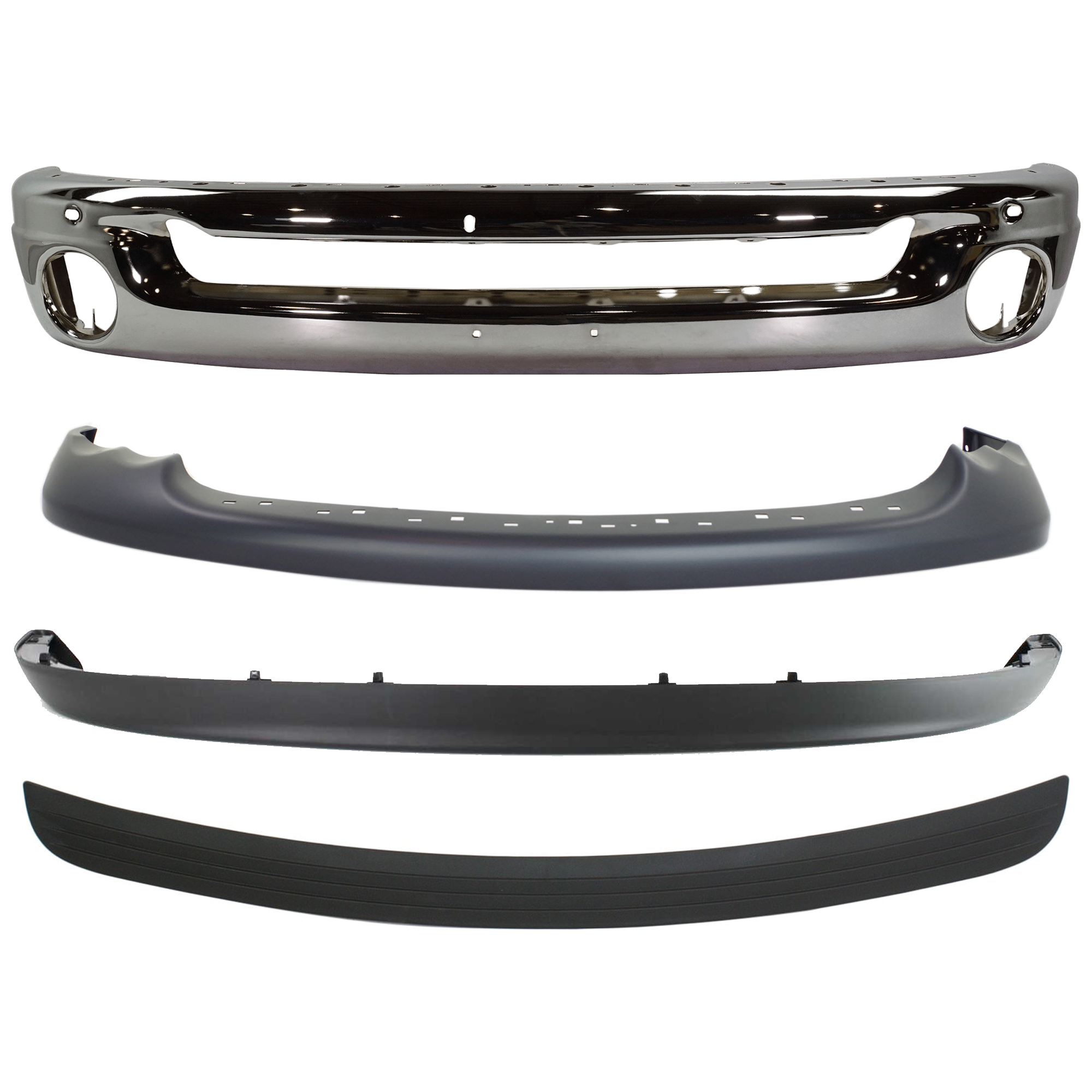 AM DODGE FULL SIZE PICKUP 02-05 FRONT BUMPER 4 pc kit Face Bar Steel Chrome with Bumper Trim and Valance SKU KIT 071824 C437 Partslink CH1002383 CH1019102 CH1000411 CH1090125 OEM 55077946AB 55077342AC 55077355