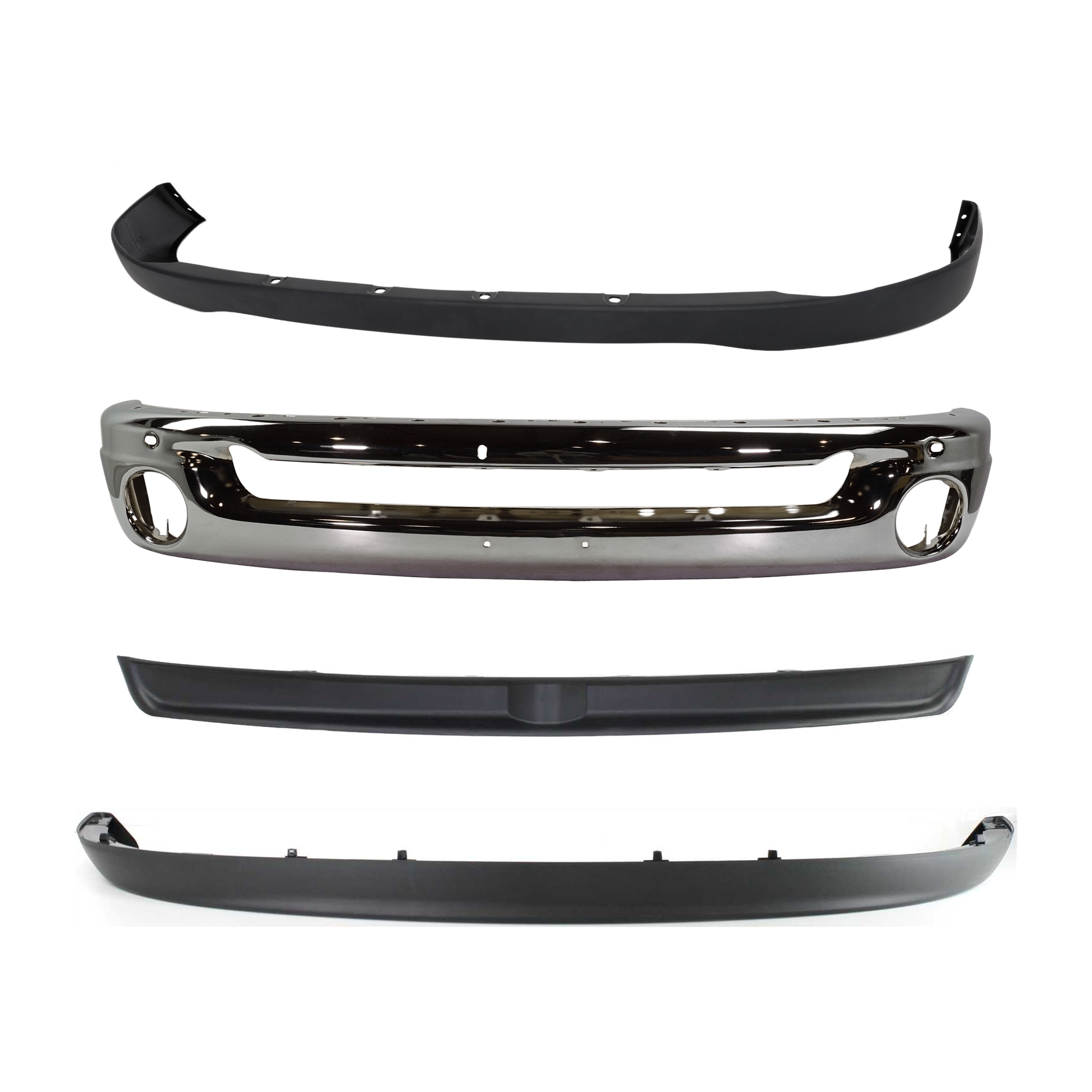 AM RAM 2500-3500-06-09 FRONT BUMPER Face Bar Chrome Steel 4 pc kit with Bumper Cover Bumper Trim and Valance SKU KIT 071824 C438 Partslink CH1002383 CH1000880 CH1091101 CH1090125 OEM 55077946AB 55077762AA 55077896