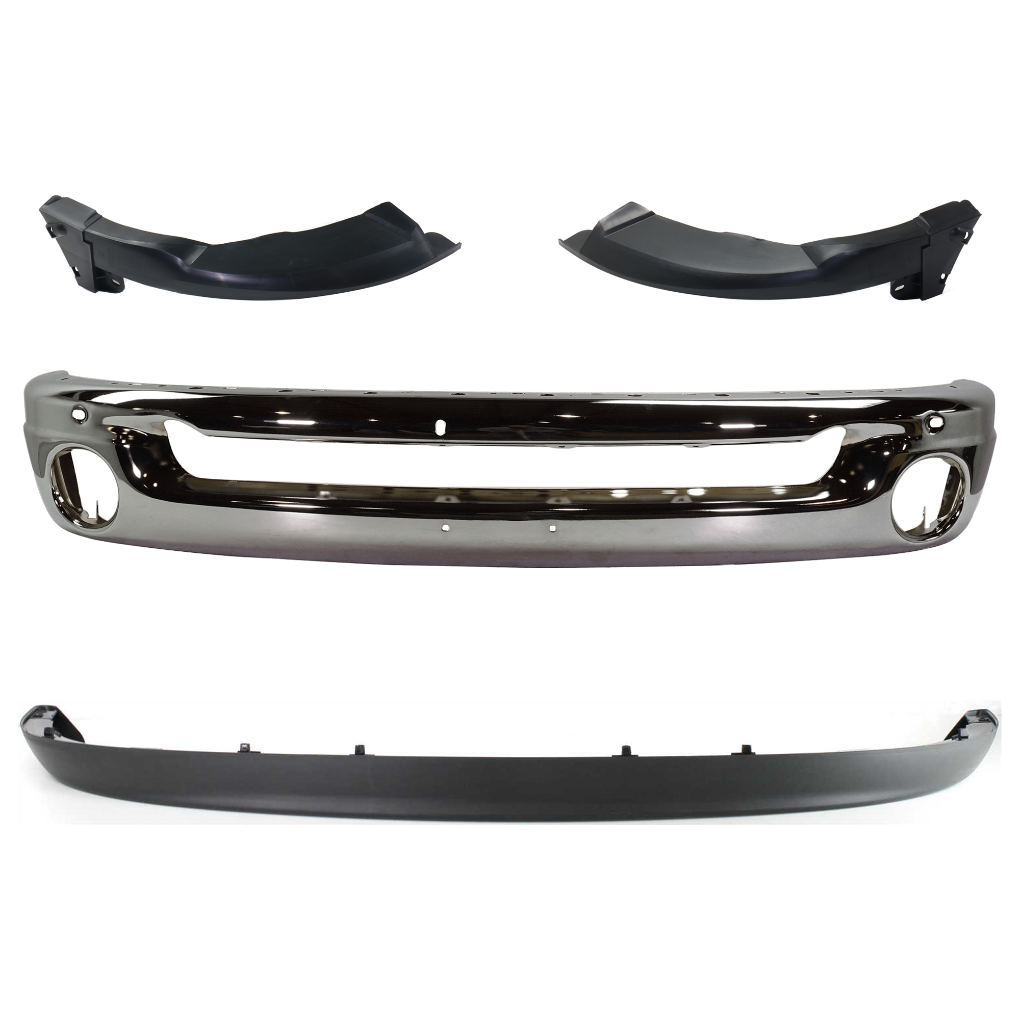 AM DODGE RAM FULL SIZE PICKUP 02-05 FRONT BUMPER 4 pc kit Face Bar Steel Chrome with Bumper Bracket and Valance SKU KIT 071824 C440 Partslink CH1002383 CH1016101 CH1066141 CH1017101 CH1067141 CH1090125 OEM 55077946AB 55077505AE 55077504