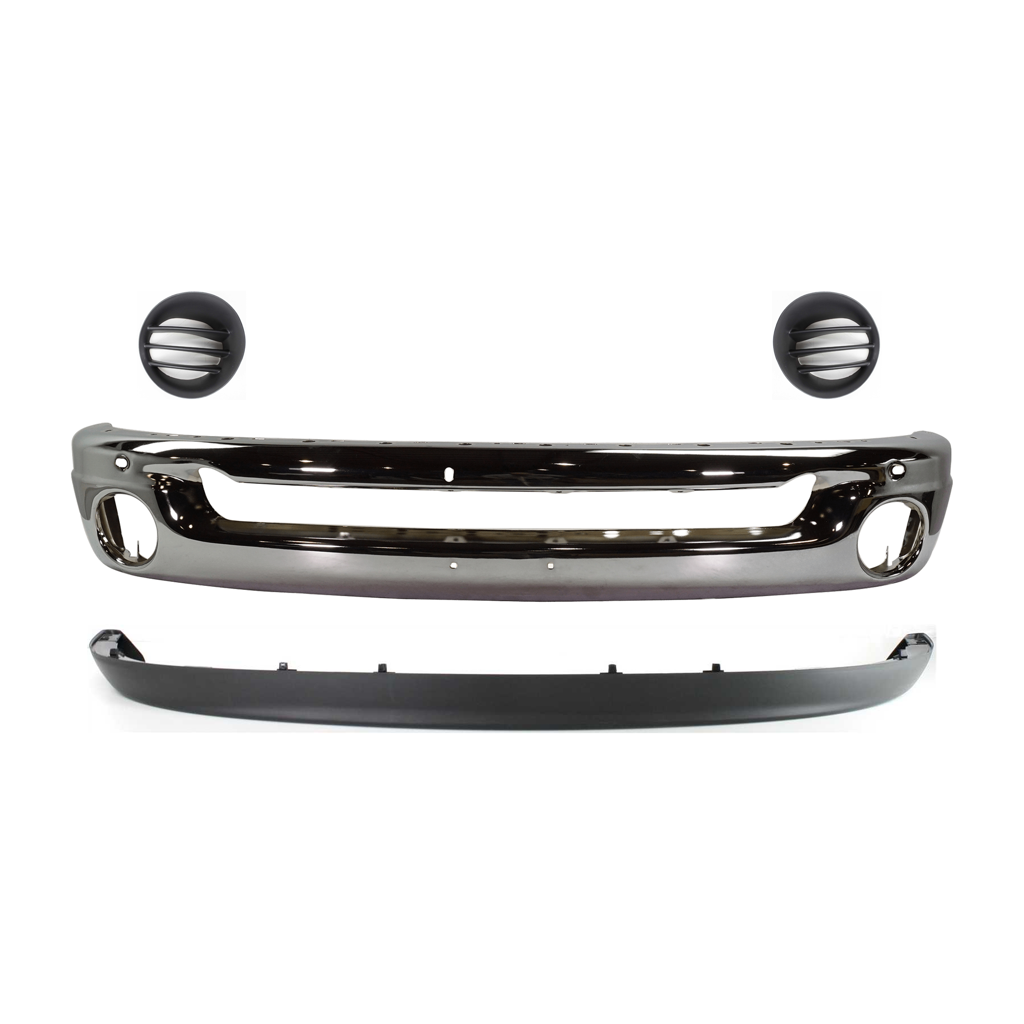 AM DODGE RAM FULL SIZE PICKUP 02-09 FRONT BUMPER 4 pc kit Face Bar Steel Chrome with Fog Light Cover and Valance SKU KIT 071824 C441 Partslink CH1002383 CH1038104 CH1039104 CH1090125 OEM 55077946AB 55077235AD 55077234