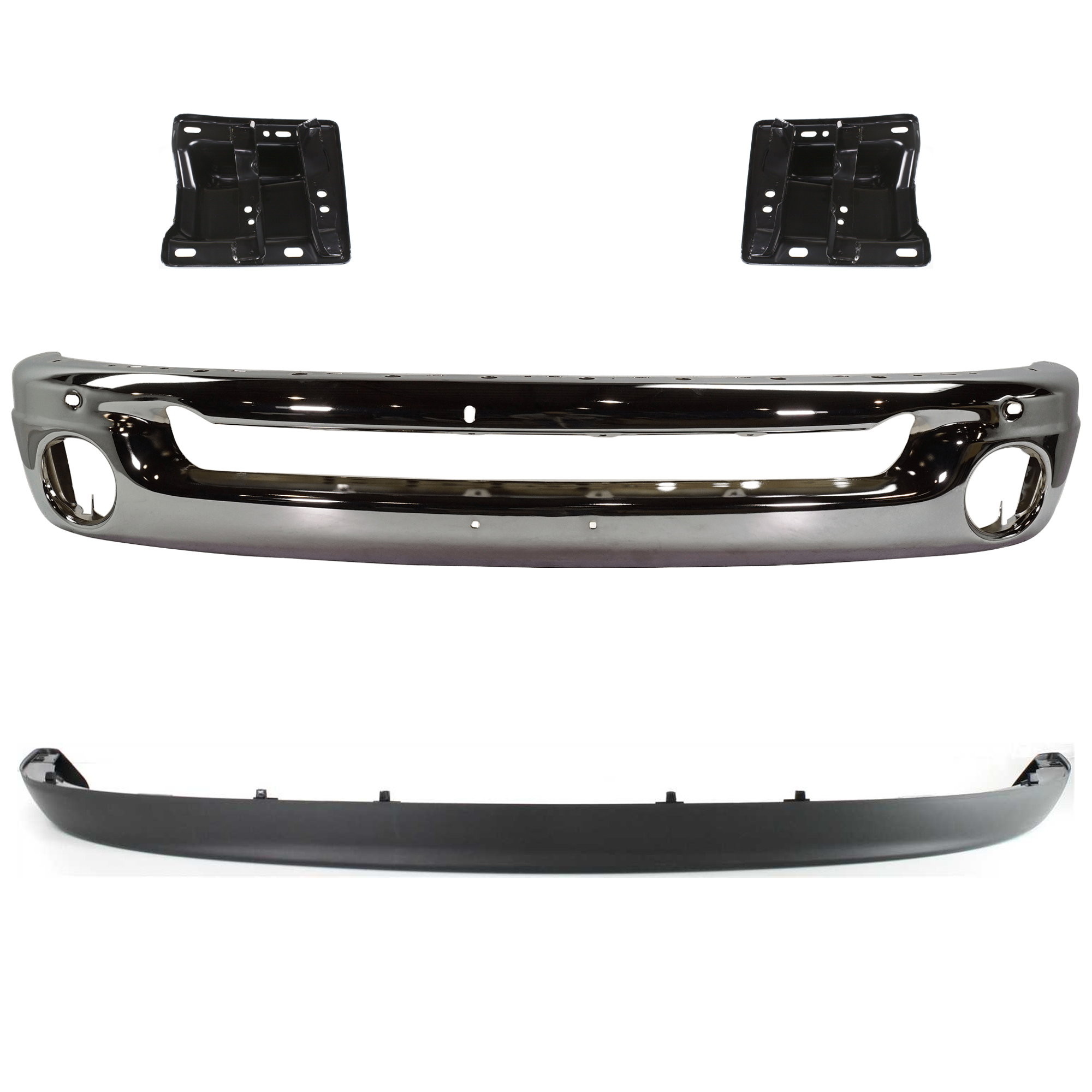 AM RAM 1500-02-05 FRONT BUMPER 4 pc kit Face Bar Steel Chrome with Bumper Bracket and Valance SKU KIT 071824 C442 Partslink CH1002383 CH1066131 CH1067131 CH1090125 OEM 55077946AB 55077221AC 55077220