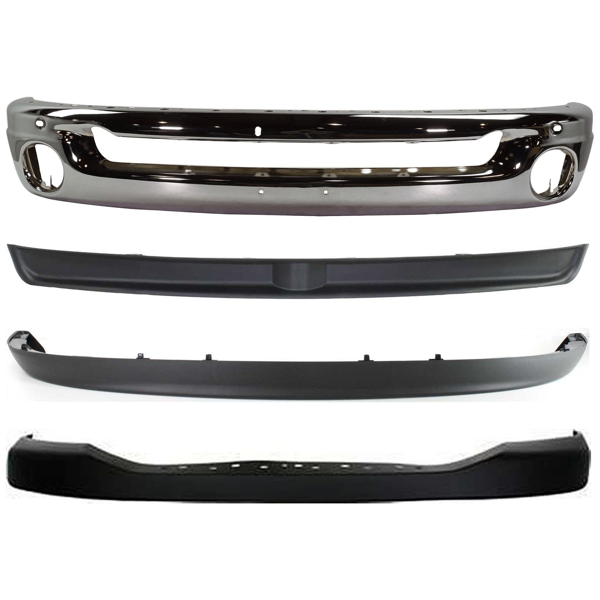 AM RAM 2500-3500-06-09 FRONT BUMPER Face Bar Chrome Steel 4 pc kit with Bumper Cover Bumper Trim and Valance SKU KIT 071824 C443 Partslink CH1002383 CH1014100 CH1091101 CH1090125 OEM 55077946AB ZA17TZZAA 55077896A