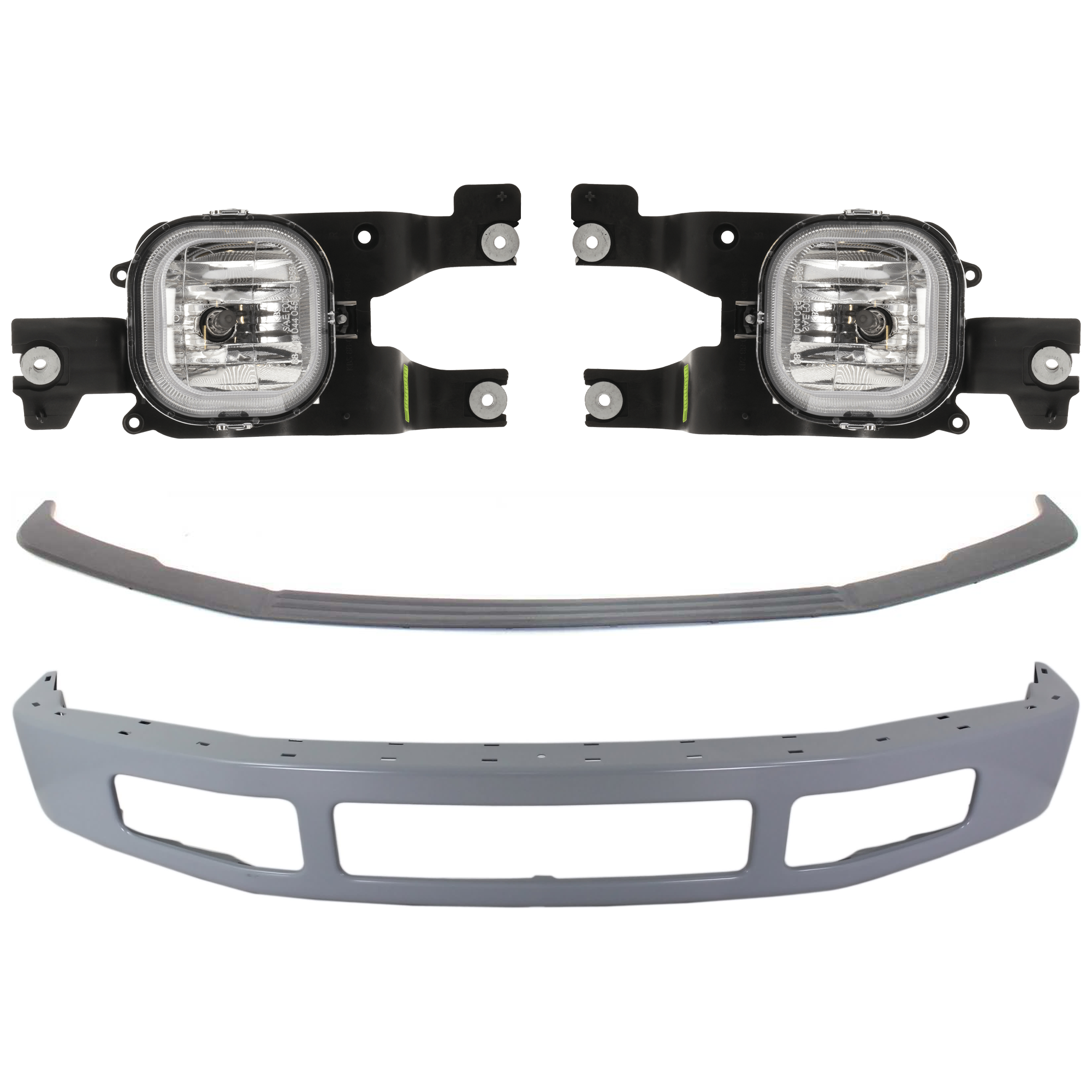 AM F 250 F 350 SUPER DUTY 08-10 FRONT BUMPER 4 pc kit Paint to Match Steel w o Side Moulding Hole w Moulding Pad Holes with Bumper Trim and Fog Light SKU KIT 071824 C449 Partslink FO1002403 FO1044103 OEM 8C3Z17757CPTM 8C3Z17K833AA 7C3