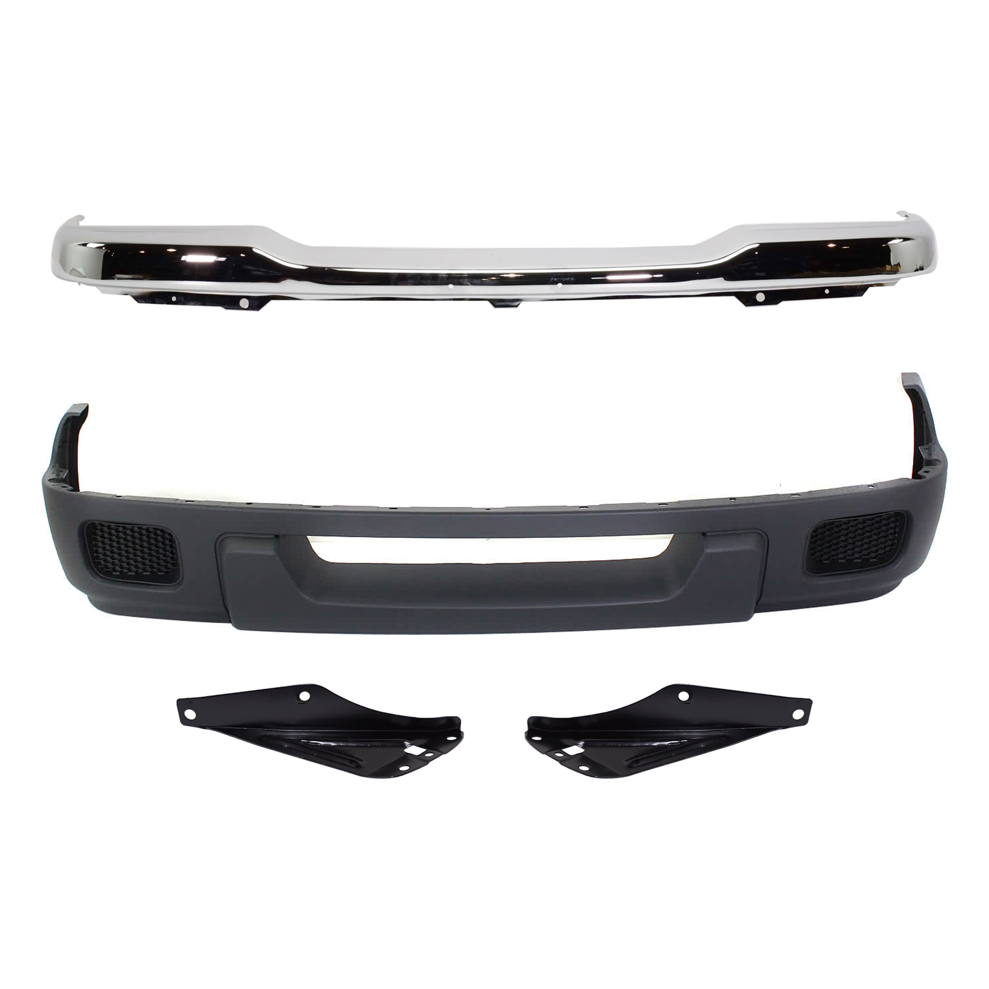AM RANGER 04-05 FRONT BUMPER 4 pc Kit Chrome with Bumper Bracket and Valance SKU KIT 071824 C465 Partslink FO1002368 FO1066144 FO1067144 FO1095215 OEM 1L5Z17757CA 1L5Z17752AB 1L5Z17