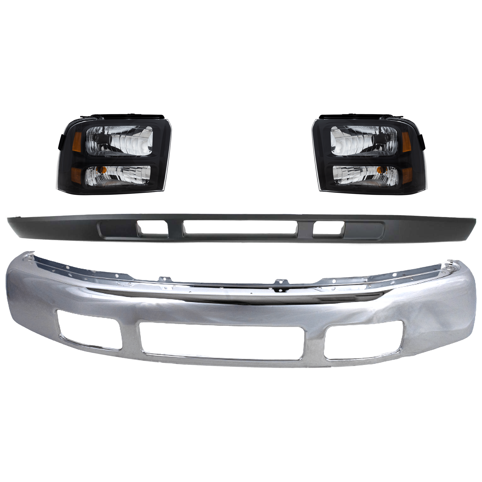 AM F 250 F 350 SUPER DUTY 05-07 FRONT BUMPER 4 pc kit Chrome w o Fender Flare holes with Headlight and Valance SKU KIT 071824 C472 Partslink FO1002392 FO2502224 FO2503224 FO1095219 OEM 5C3Z17757BA 6C3Z13008DB 6C3Z13