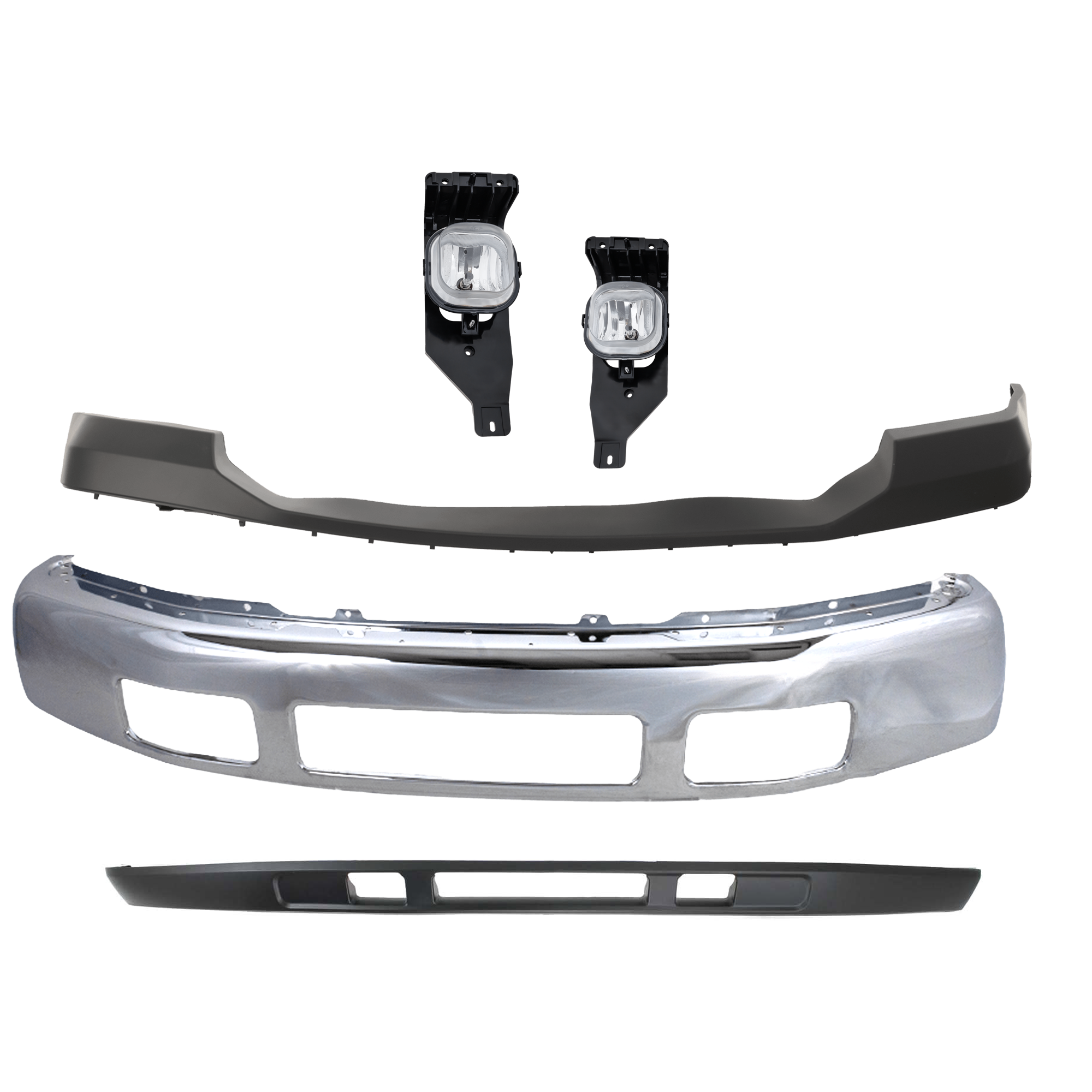 AM F 250 F 350 SUPER DUTY 06-07 FRONT BUMPER 4 pc kit Chrome with Bumper Cover Fog Light and Valance SKU KIT 071824 C475 Partslink FO1002392 FO1000607 FO2593211 FO2592211 FO1095219 OEM 5C3Z17757BA 6C3Z17D957AA 6C3Z1