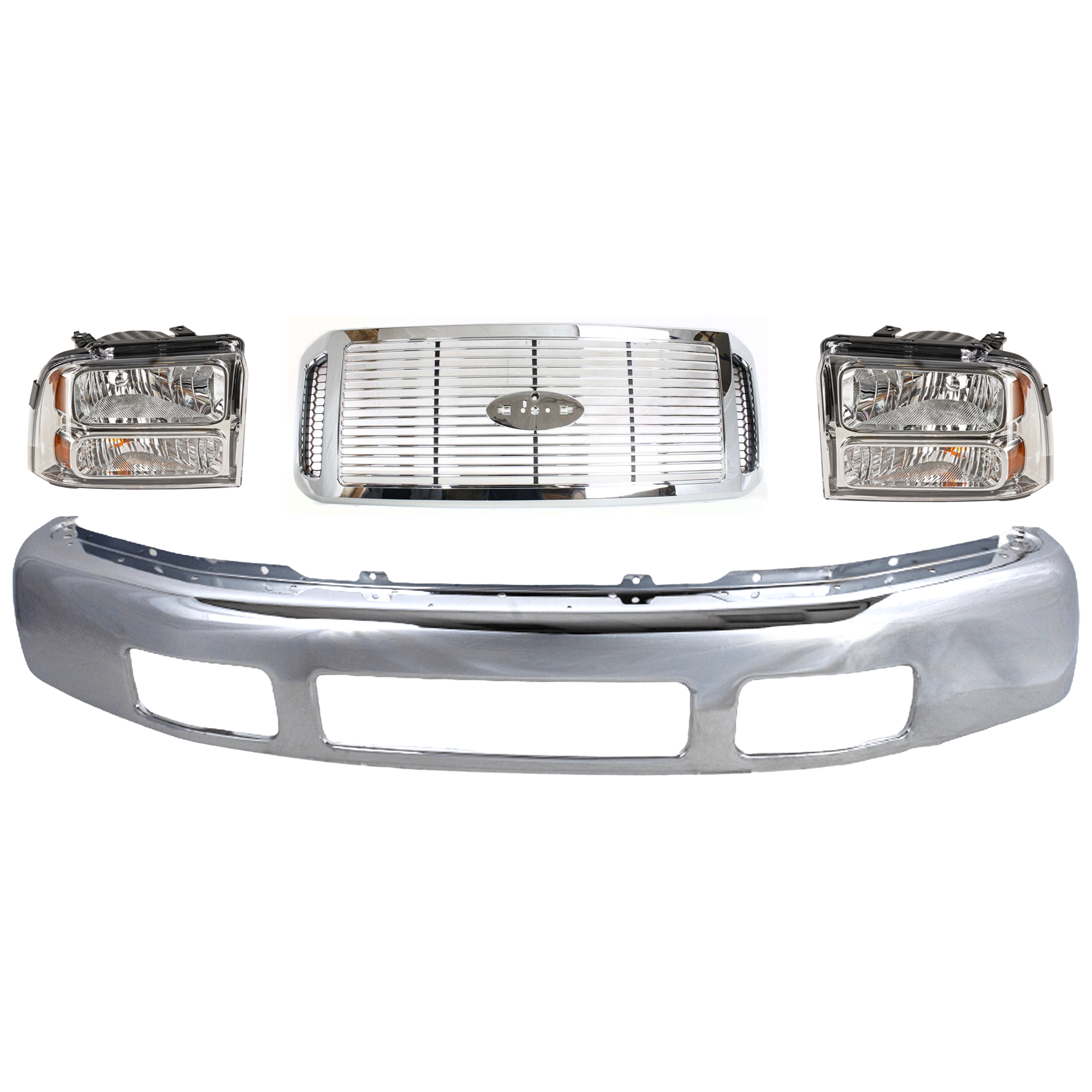 AM F 250 F 350 SUPER DUTY 06-07 FRONT BUMPER 4 pc kit Chrome with Grille Assembly and Headlight SKU KIT 071824 C477 Partslink FO1002392 FO1200459 FO2503217 FO2502217 OEM 5C3Z17757BA 6C3Z8200AAA 6C3Z13
