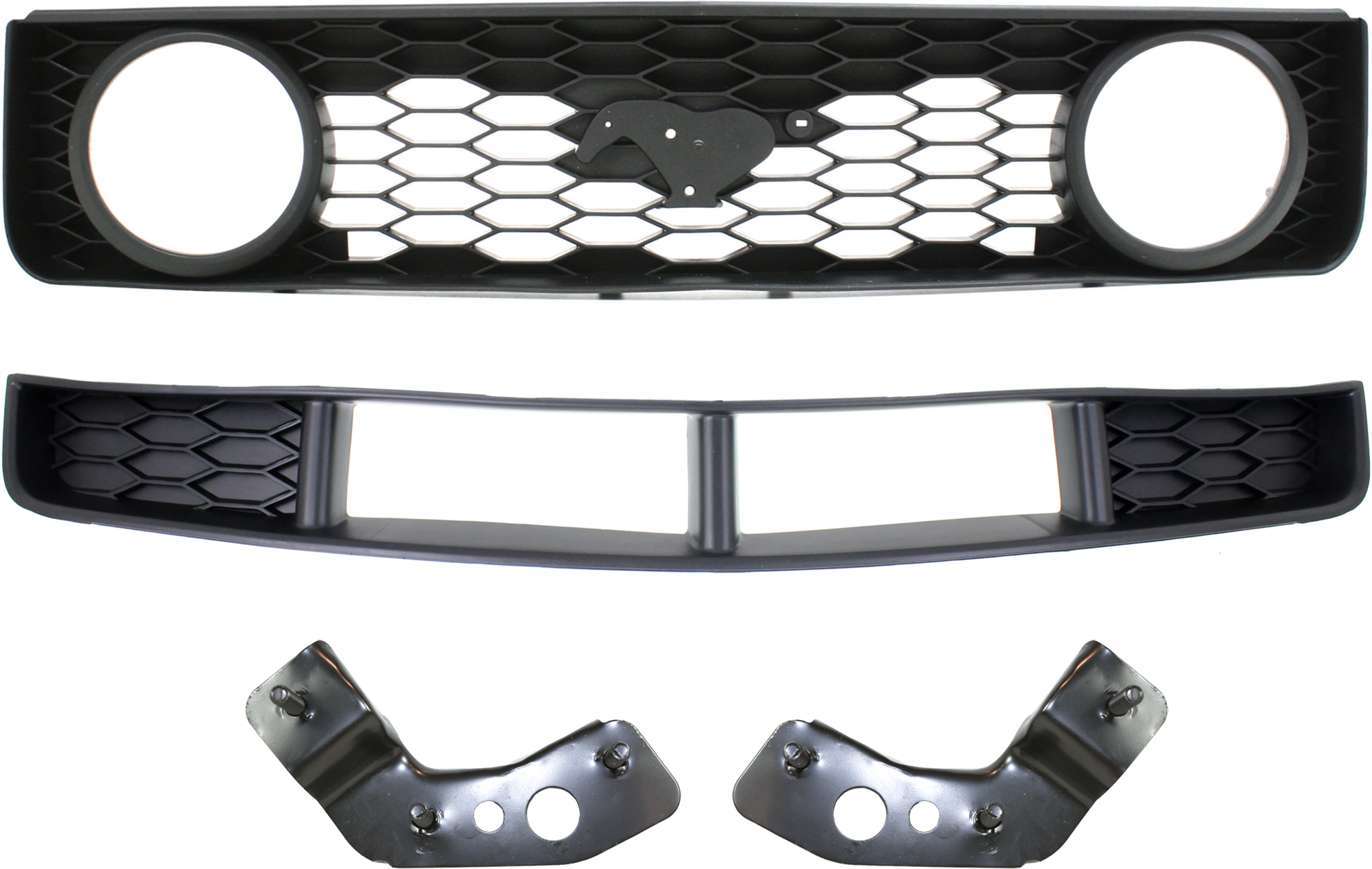 AM MUSTANG 05-09 GRILLE 4 pc Kit Honeycomb Insert Textured Black Shell and Insert with Bumper Bracket and Bumper Grille SKU KIT 071824 C478 Partslink FO1200422 FO1066166 FO1067166 FO1036114 OEM 6R3Z8200BA 5R3Z17E857AA 5R3Z17