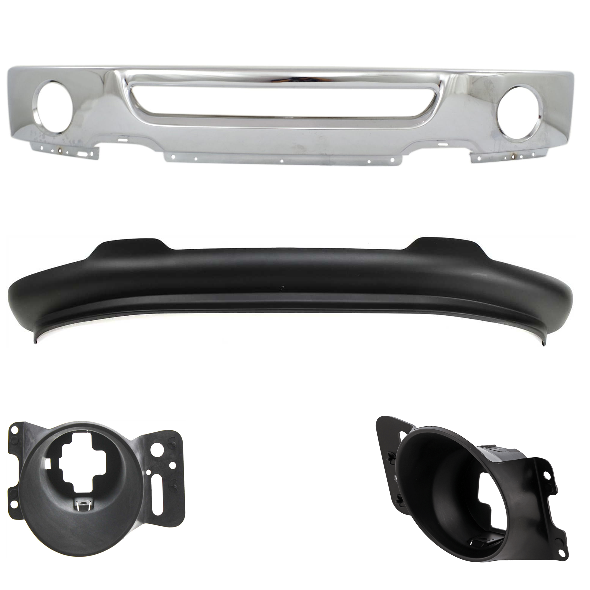 AM F 150-06-08 FRONT BUMPER 4 pc kit Face Bar Chrome w Fog Light Holes with Fog Light Bracket and Valance SKU KIT 071824 C485 Partslink FO1002399 FO2601101 FO2600101 FO1093107 OEM 6L3Z17757BA 6L3Z15266AA 6L3Z15