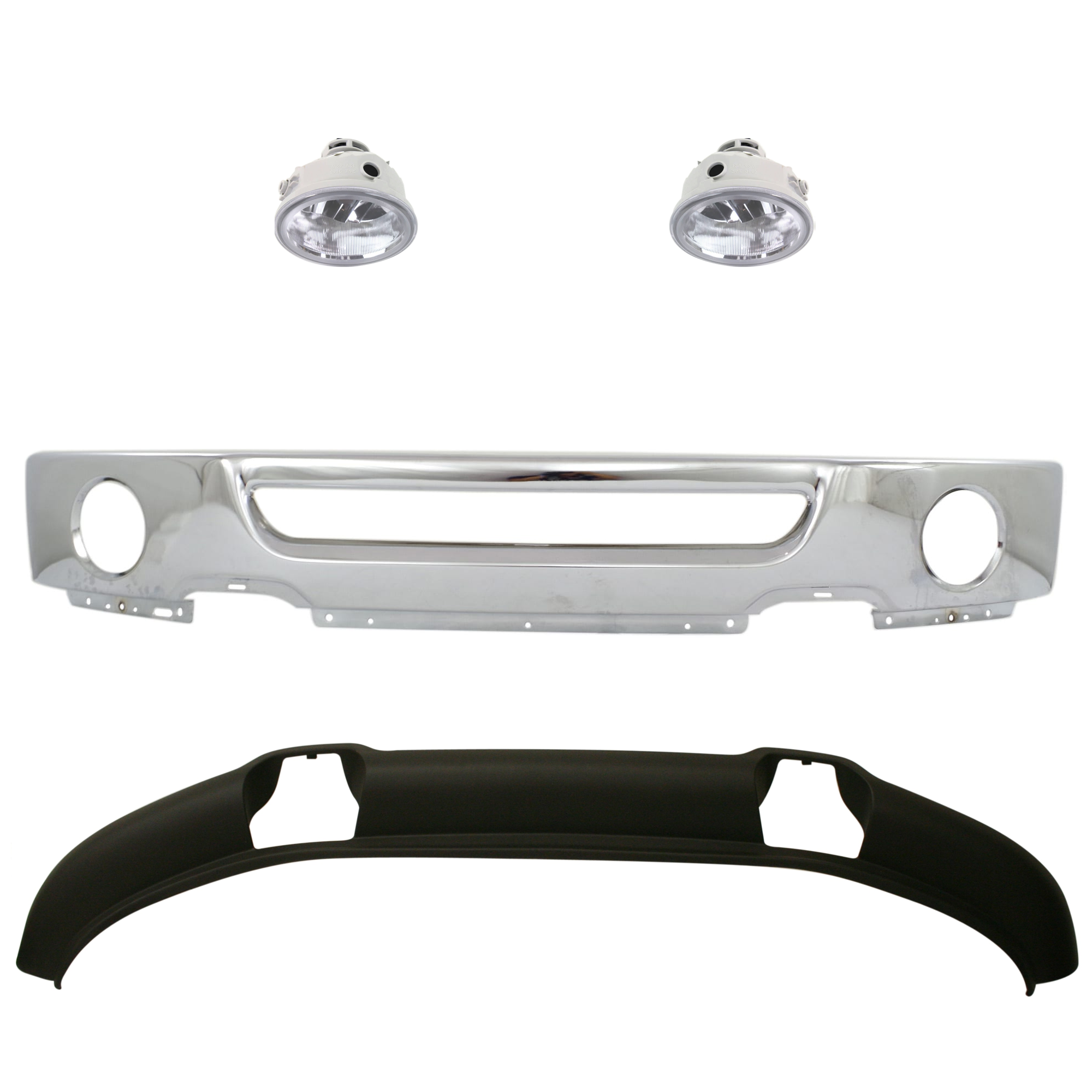 AM F 150-07-08 FRONT BUMPER 4 pc kit Face Bar Chrome w Fog Light Holes with Fog Light and Valance SKU KIT 071824 C486 Partslink FO1002399 FO2592220 FO2593220 FO1093108 OEM 6L3Z17757BA AL3Z15201A PFM AL3
