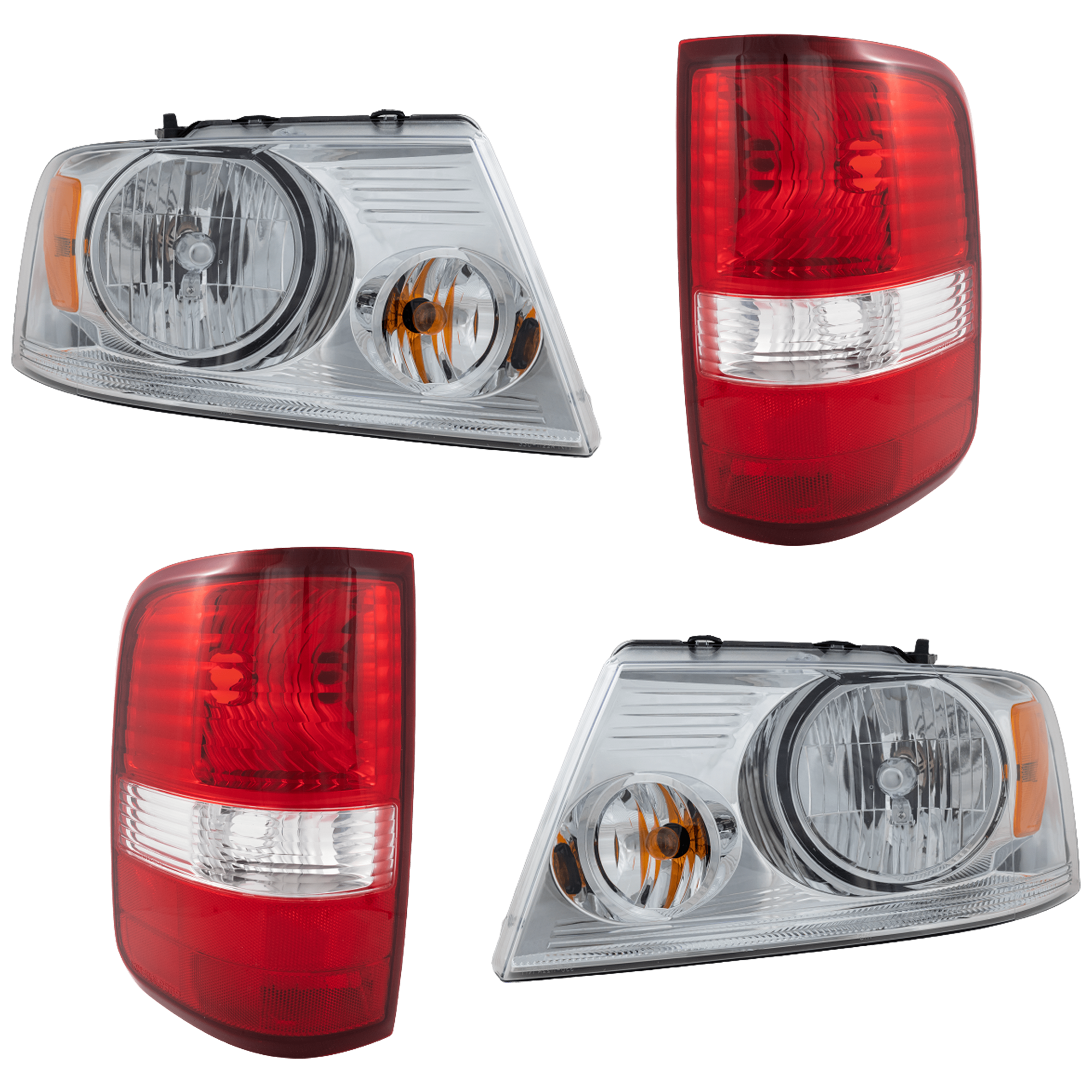 AM F 150-04-06 HEADLAMP RH AND LH 4 pc kit Assembly Halogen w Chrome Trim with Tail Light SKU KIT 071824 C490 Partslink FO2502201 FO2503201 FO2801182 FO2800182 OEM 7L3Z13008FA 7L3Z13008GA 5L3Z13