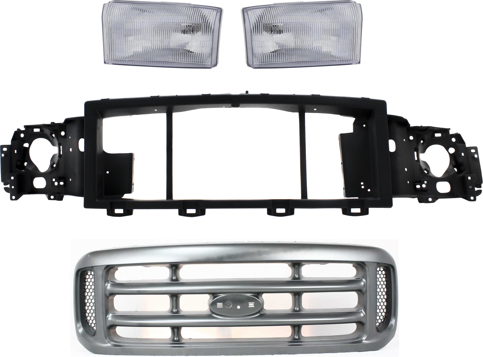AM F SERIES SUPER DUTY 99-01 GRILLE 4 pc Kit with Headlight and Header Panel SKU KIT 071824 C492 Partslink FO1200362 FO1221115 FO2503147 FO2502147 OEM YC3Z8200AAA F81Z8A284AA 1C3Z13