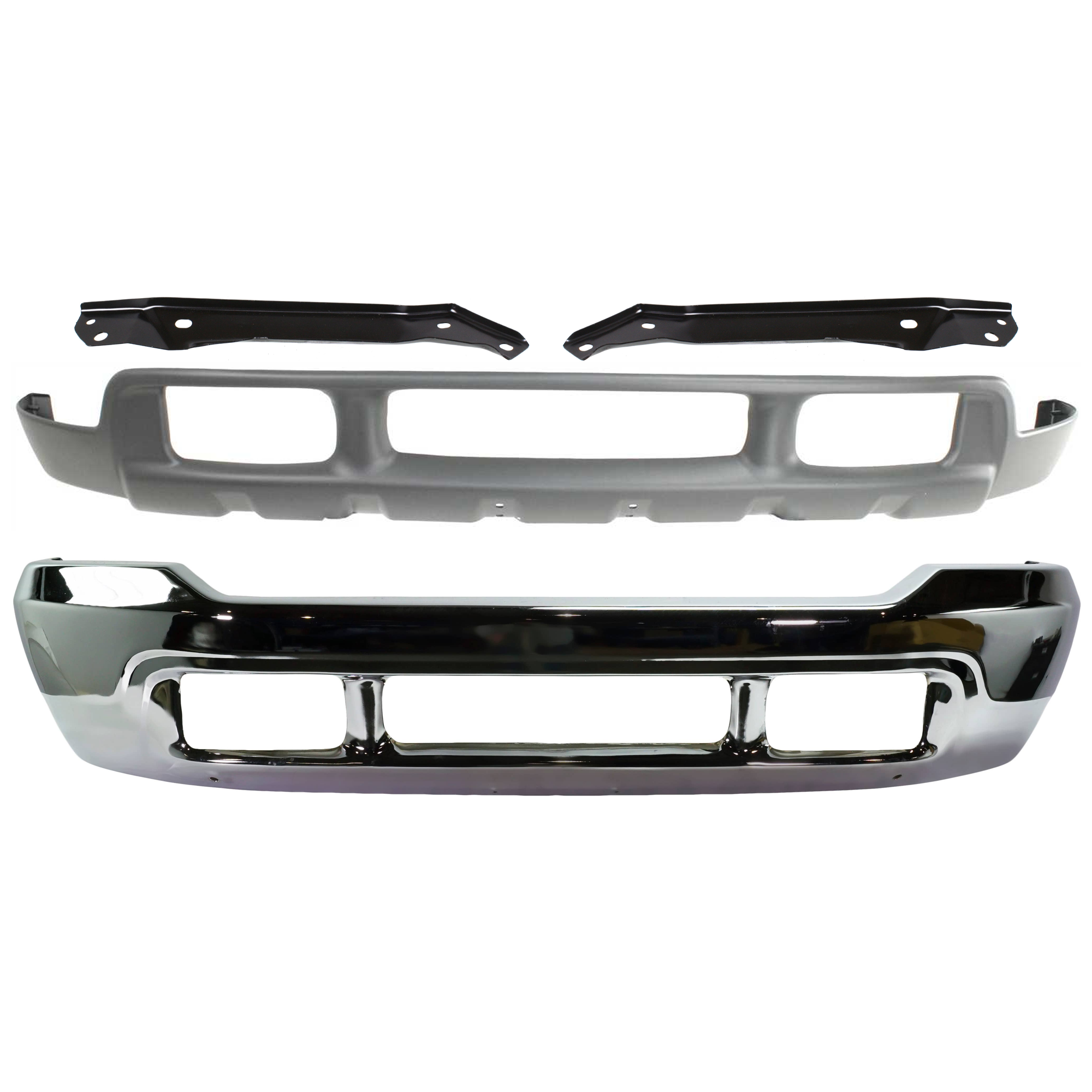 AM F SERIES SUPER DUTY 01-04 FRONT BUMPER 4 pc kit Chrome with Bumper Bracket and Valance SKU KIT 071824 C493 Partslink FO1002374 FO1067128 FO1066128 FO1095176 OEM 1C3Z17757MAA F81Z17757BA F81Z1