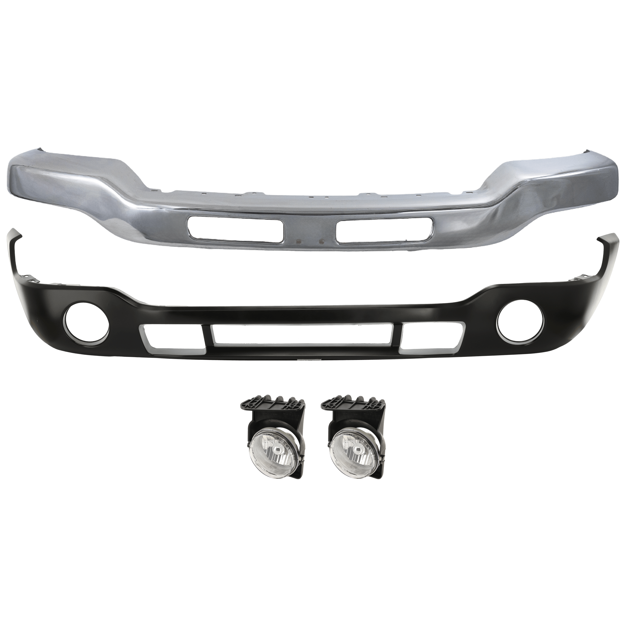 AM SIERRA 03-04 FRONT BUMPER 4 pc kit Chrome with Bumper Cover and Fog Light SKU KIT 071824 C497 Partslink GM1002418 GM1000684 GM2592128 GM2593128 OEM 15098990-12335963-88979837-151