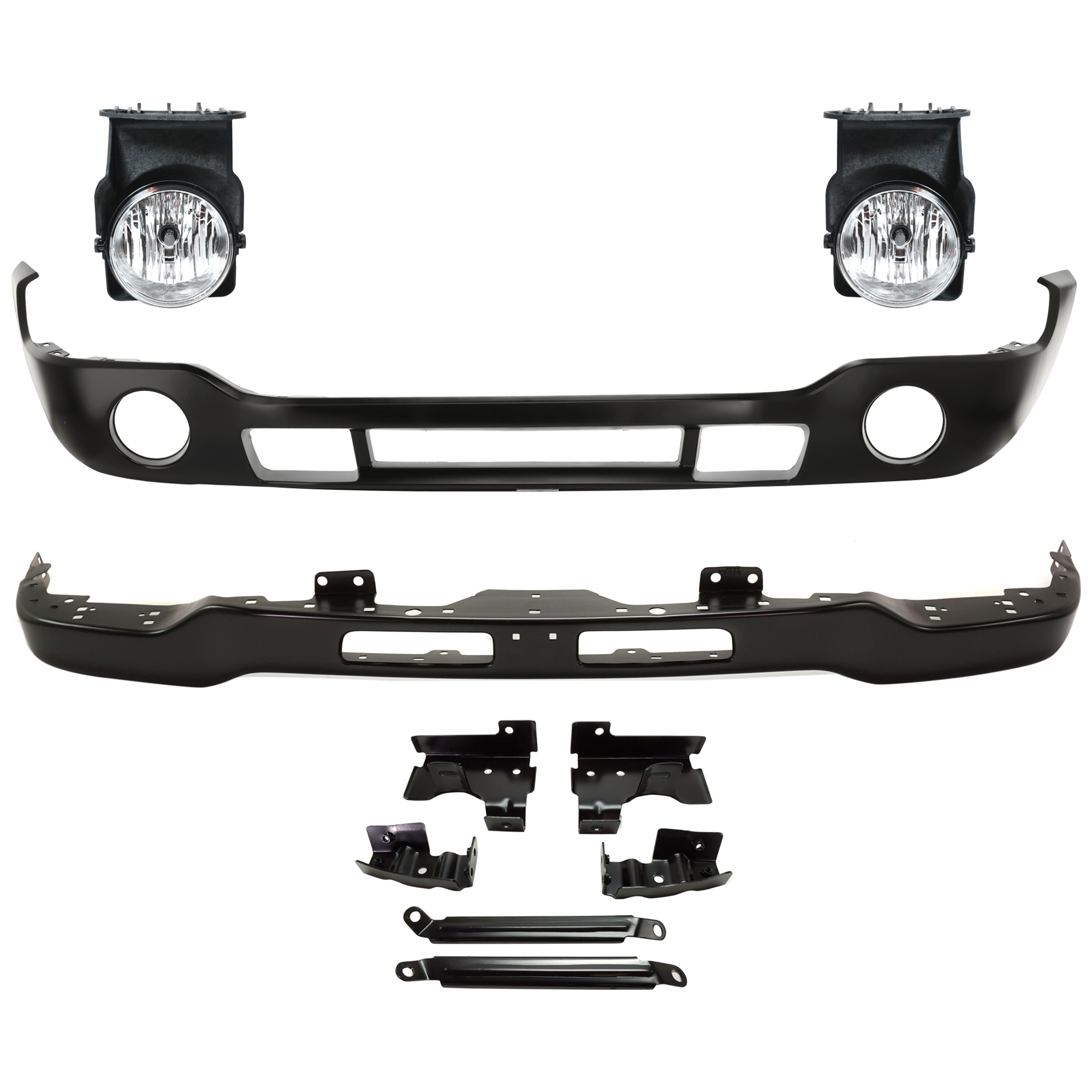 AM SIERRA 05-07 FRONT BUMPER 4 pc kit Black w Fog Light Hole w Bracket with Bumper Cover and Fog Light SKU KIT 071824 C498 Partslink GM1002464 GM1000684 GM2593154 GM2592154 OEM Performance 12335963-88979837