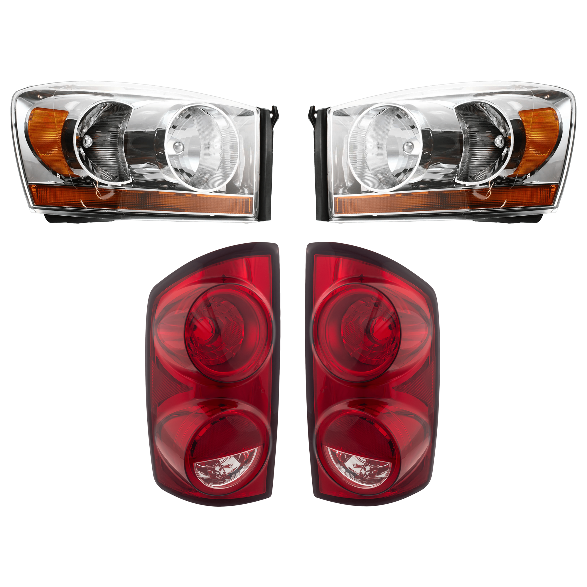 AM DODGE RAM FULL SIZE PICKUP 07-09 HEADLAMP RH AND LH 4 pc kit Assembly Halogen Chrome Interior with Tail Light SKU KIT 071824 C509 Partslink CH2518114 CH2519114 OEM 55077794AD PFM 55077795AD PFM
