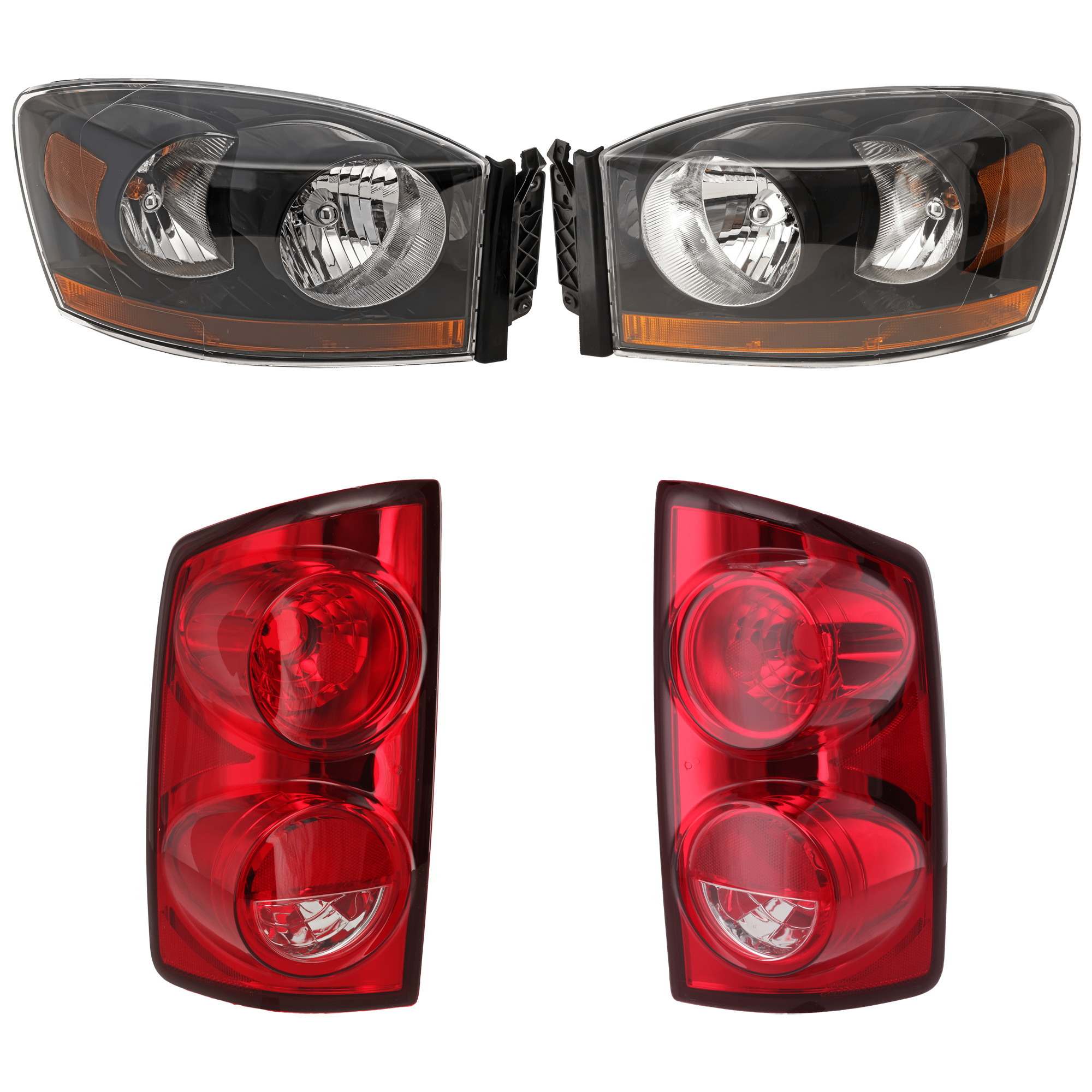 AM DODGE FULL SIZE P U 07-09 HEAD LAMP RH AND LH 4 pc kit w Tail Light SKU KIT 071824 C511 Partslink CH2518115 CH2519115 OEM 55372814AB PFM 55372815AB PFM