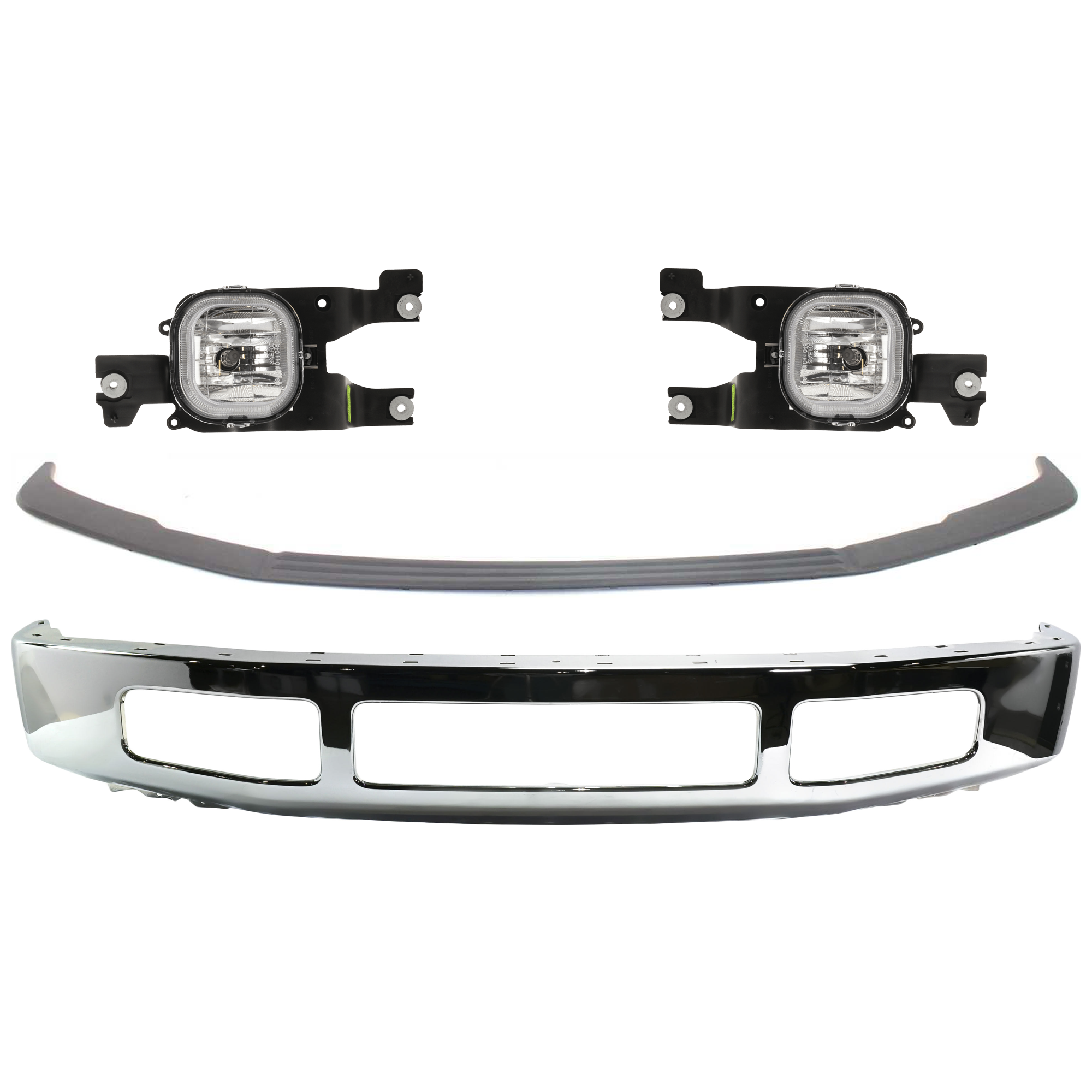 AM F 250 F 350 SUPER DUTY 08-10 FRONT BUMPER 4 pc kit Chrome Steel w o Side Moulding Hole w Moulding Pad Holes with Bumper Trim and Fog Light SKU KIT 071824 C512 Partslink FO1002406 FO1044103 OEM 8C3Z17757B 8C3Z17K833AA 7C3Z15