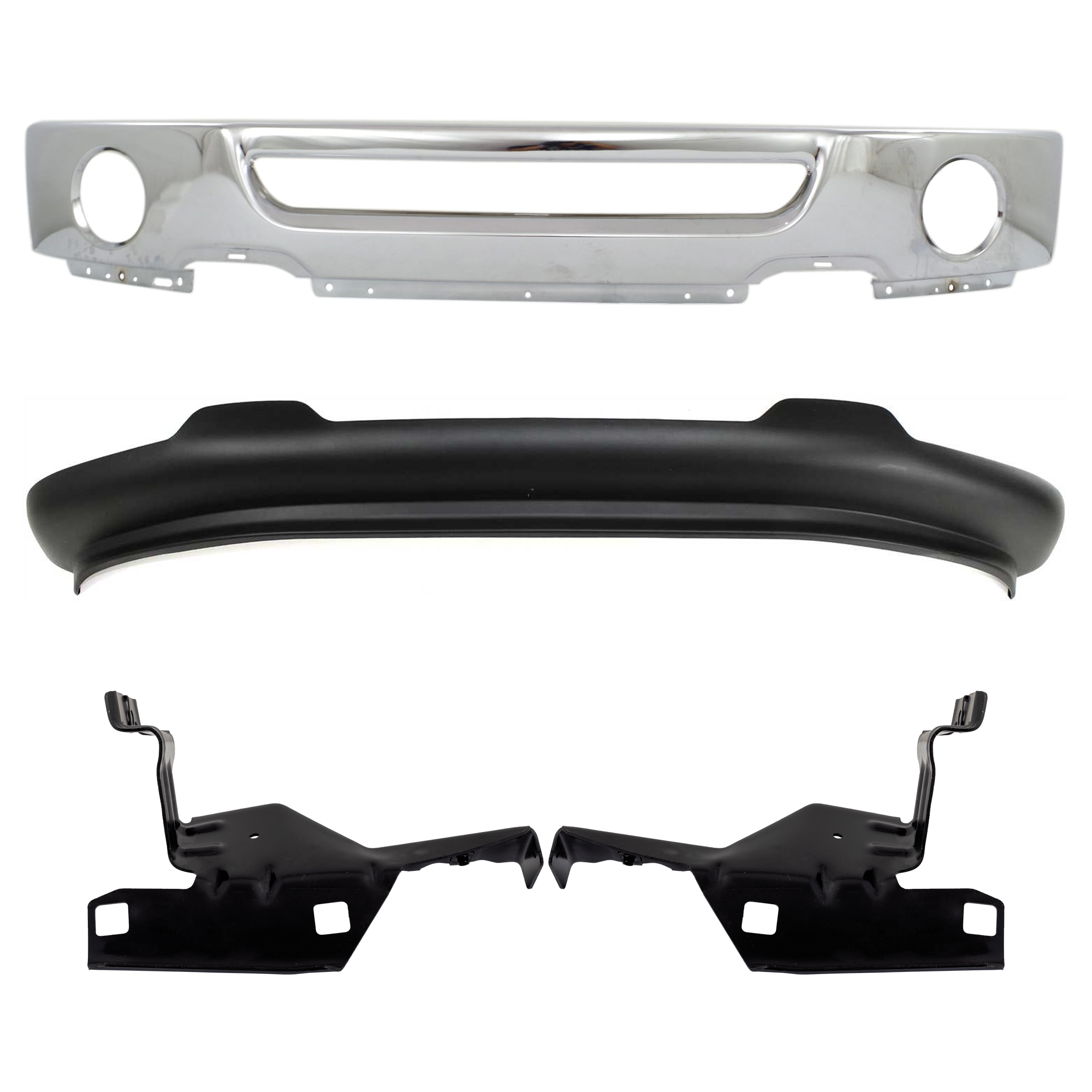 AM F 150-06-08 FRONT BUMPER 4 pc kit Face Bar Chrome w Fog Light Holes with Bumper Bracket and Valance SKU KIT 071824 C521 Partslink FO1002399 FO1066158 FO1067158 FO1093107 OEM 6L3Z17757BA 4L3Z17B983AB 4L3Z1