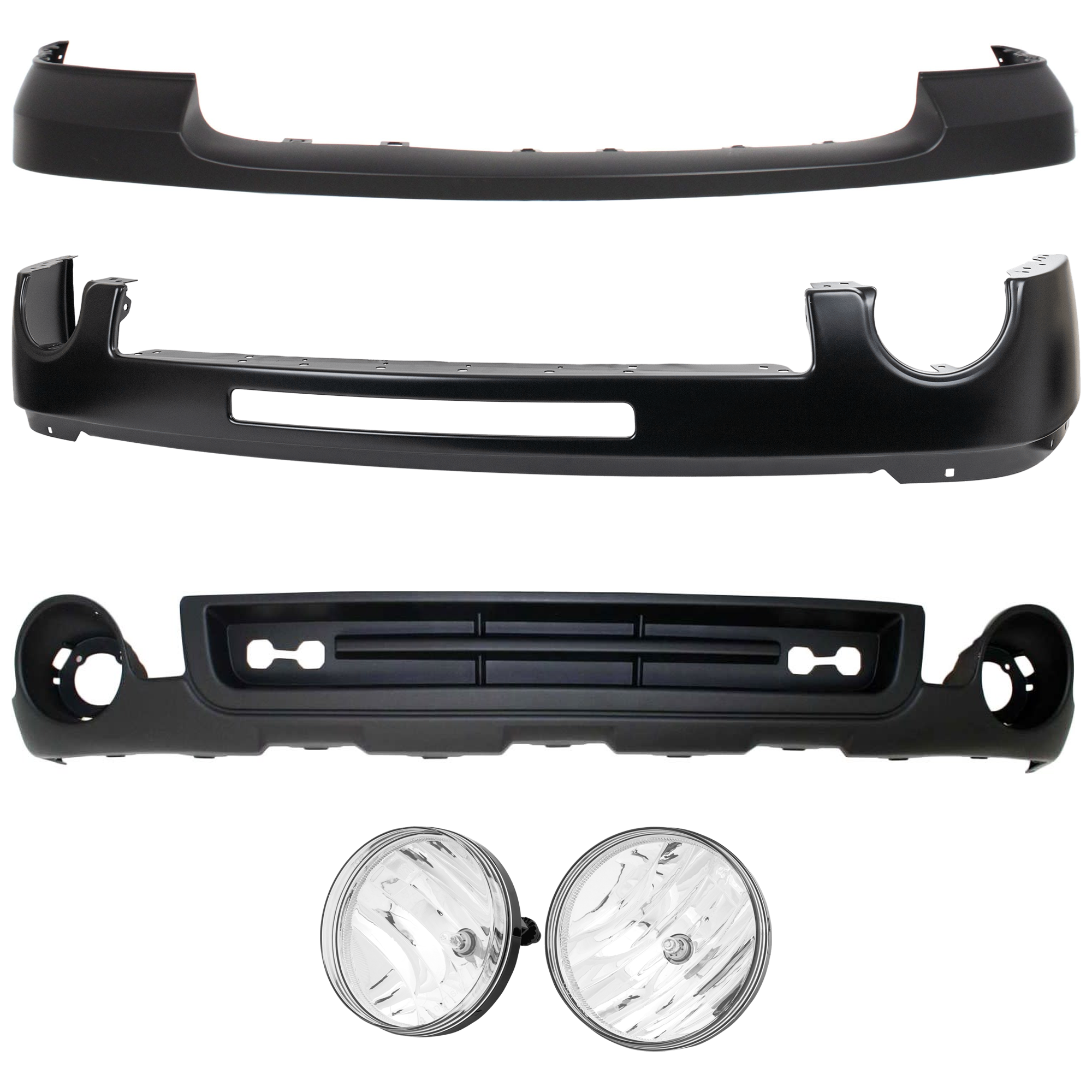 AM SIERRA 1500-11-13 FRONT BUMPER 5 pc kit Powdercoated Black w Air Hole with Bumper Cover Fog Light and Valance SKU KIT 071824 C523 Partslink GM1002832 GM1014102 GM2593161 GM2592161 GM1015100 OEM 15901510-25783584-25866496-258