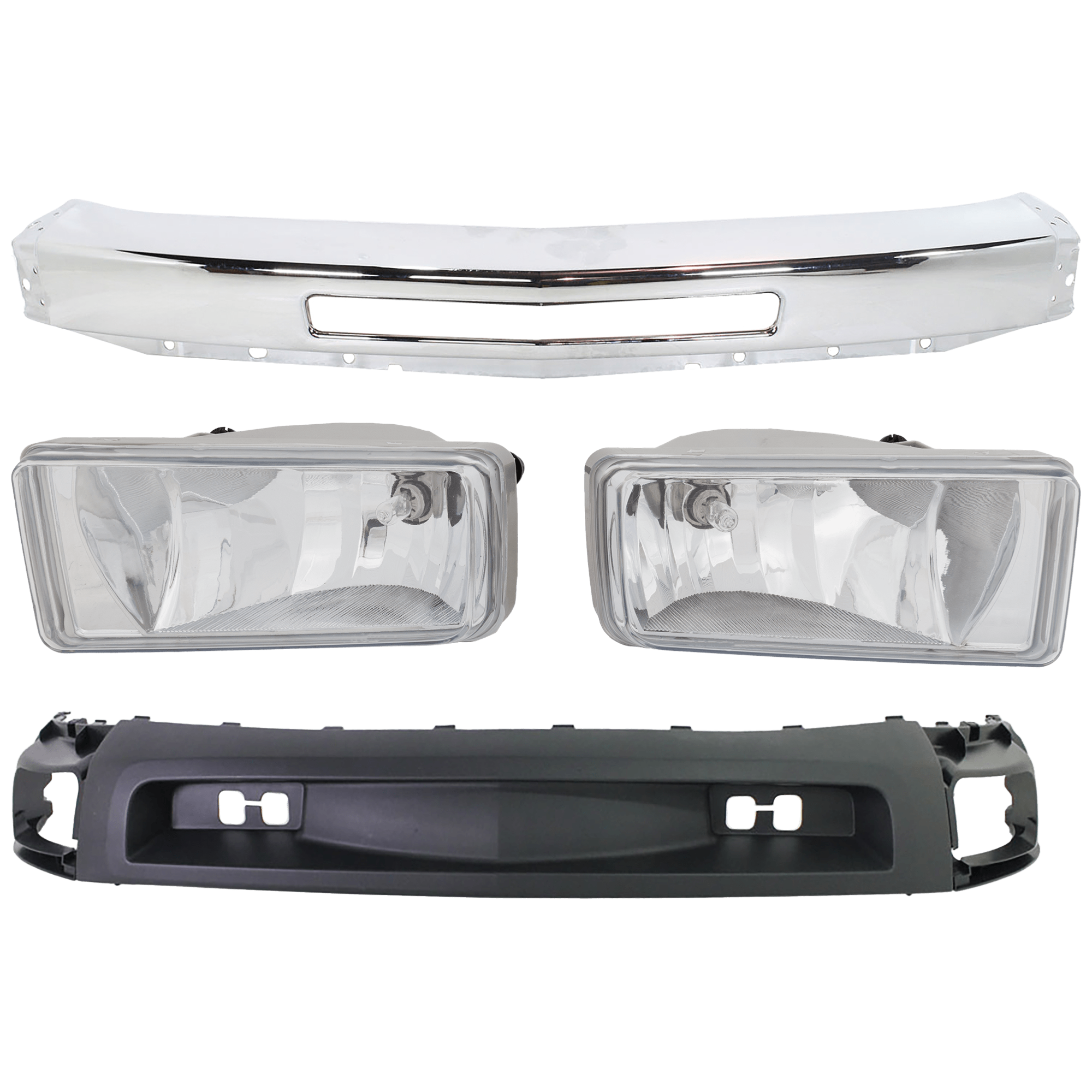AM SILVERADO 1500-09-13 SILVERADO 2500-3500-07-10 FRONT BUMPER 4 pc kit w Fog Light and Valance SKU KIT 071824 C530 Partslink GM1002831 GM2593160 GM2592160 GM1092202 OEM 15941850-22872763-22872762-159