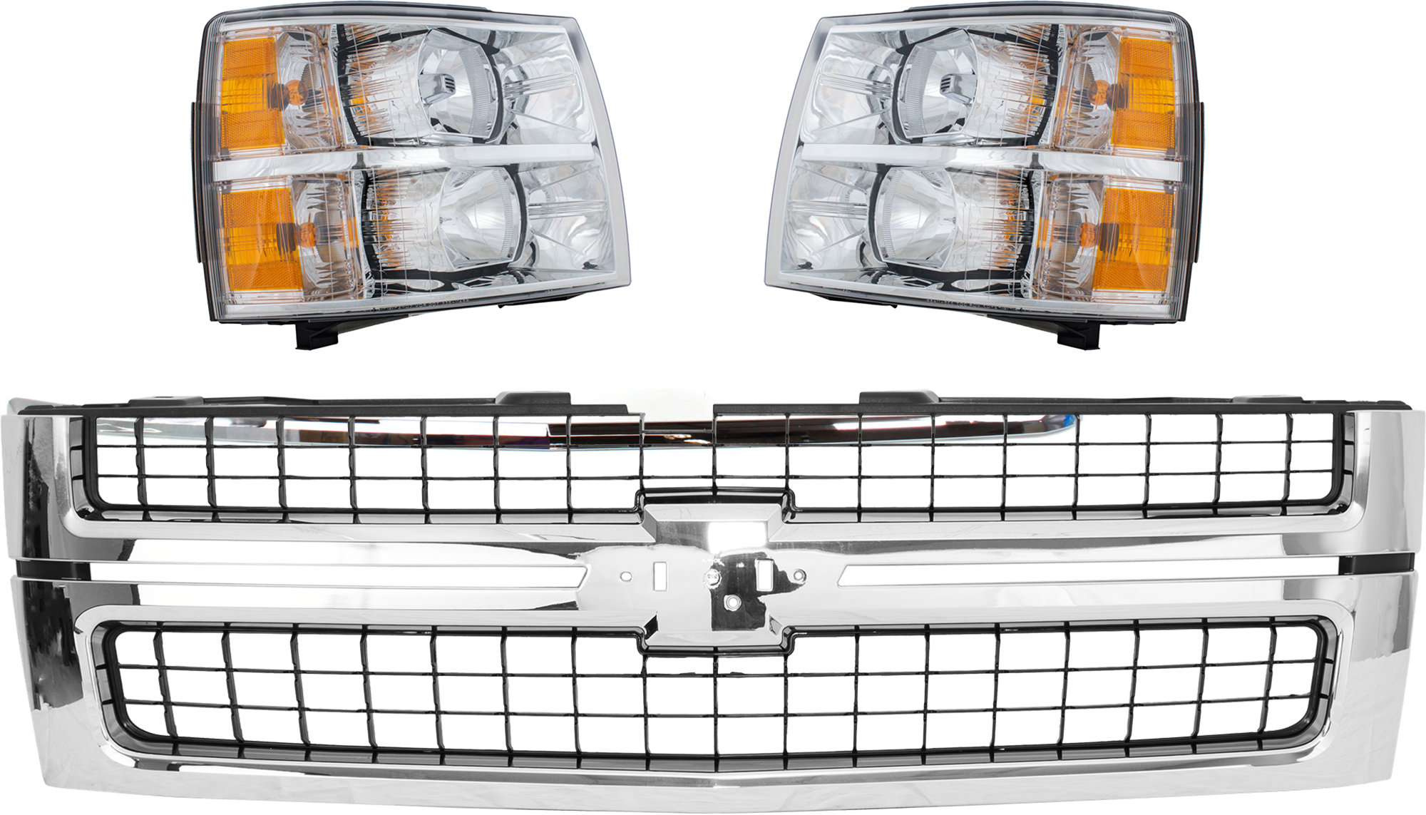AM SILVERADO 2500 HD 3500 HD 07-10 GRILLE 4 pc Kit w Headlight and Hood Molding SKU KIT 071824 C532 Partslink GM1200608 GM2503280 GM2502280 GM1235112 OEM 25825521-22853028-22853027-159
