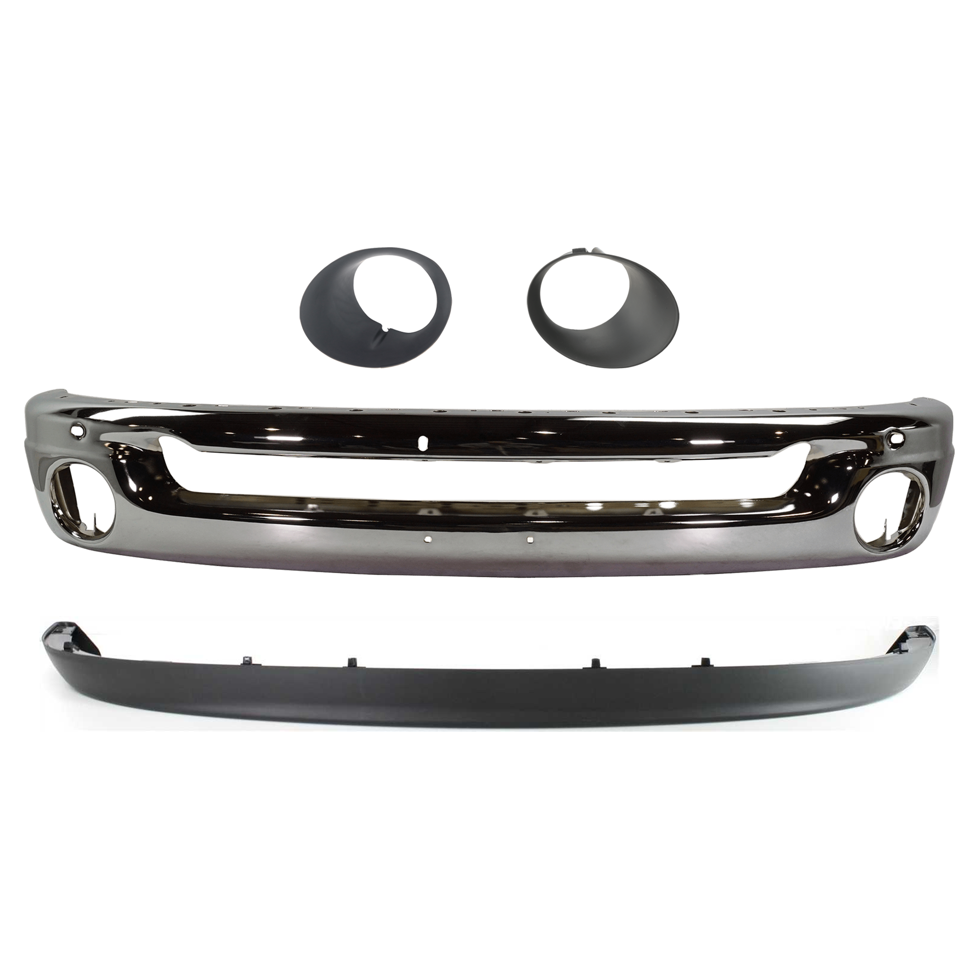 AM DODGE RAM FULL SIZE PICKUP 02-09 FRONT BUMPER 4 pc kit Face Bar Steel Chrome with Fog Light Trim and Valance SKU KIT 071824 C539 Partslink CH1002383 CH2598101 CH2599101 CH1090125 OEM 55077946AB 55077239AD 55077239