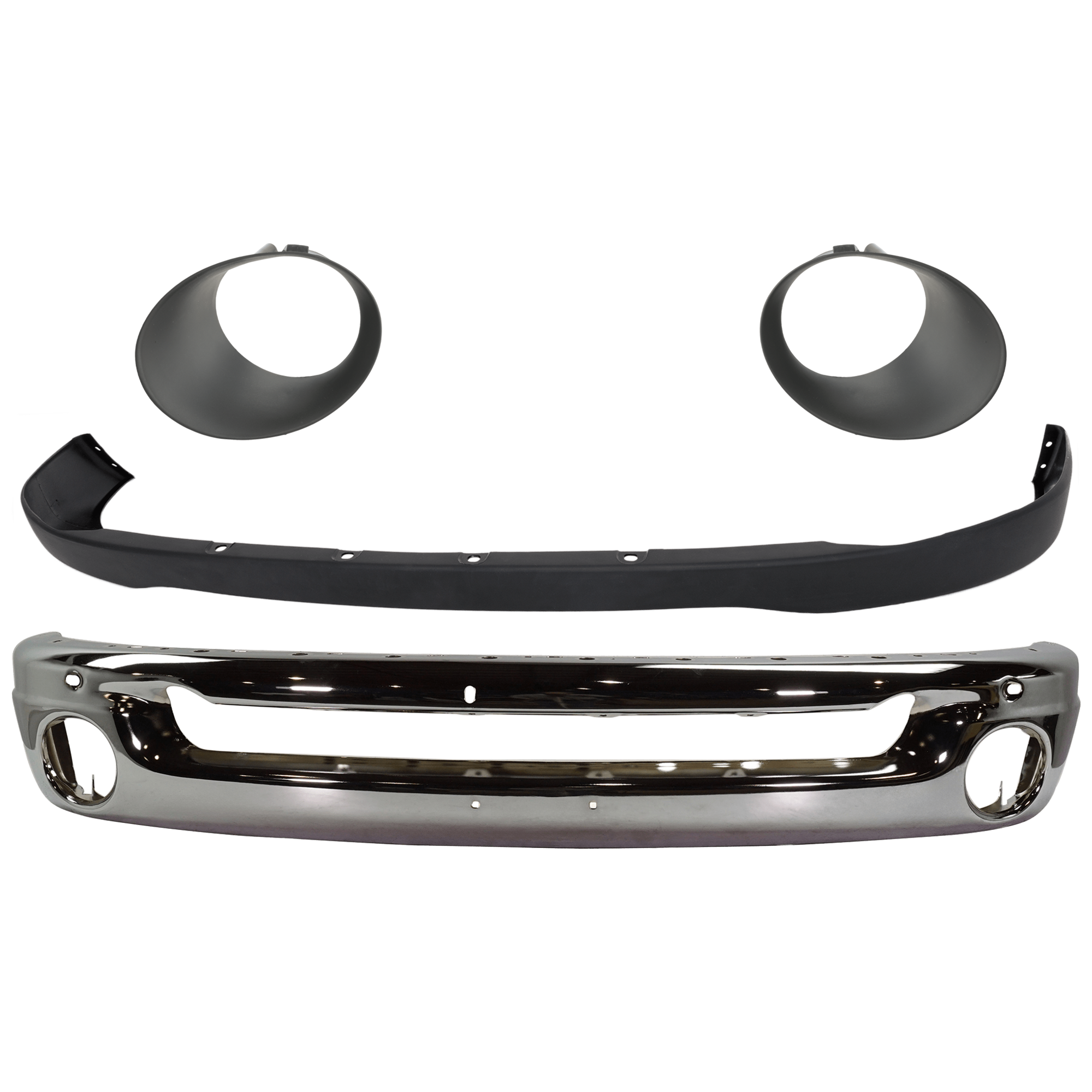 AM DODGE RAM FULL SIZE PICKUP FRONT BUMPER 4 pc kit Face Bar Steel Chrome with Bumper Cover and Fog Light Trim SKU KIT 071824 C540 Partslink CH1002383 CH1000880 CH2598101 CH2599101 OEM 55077946AB 55077762AA 55077239