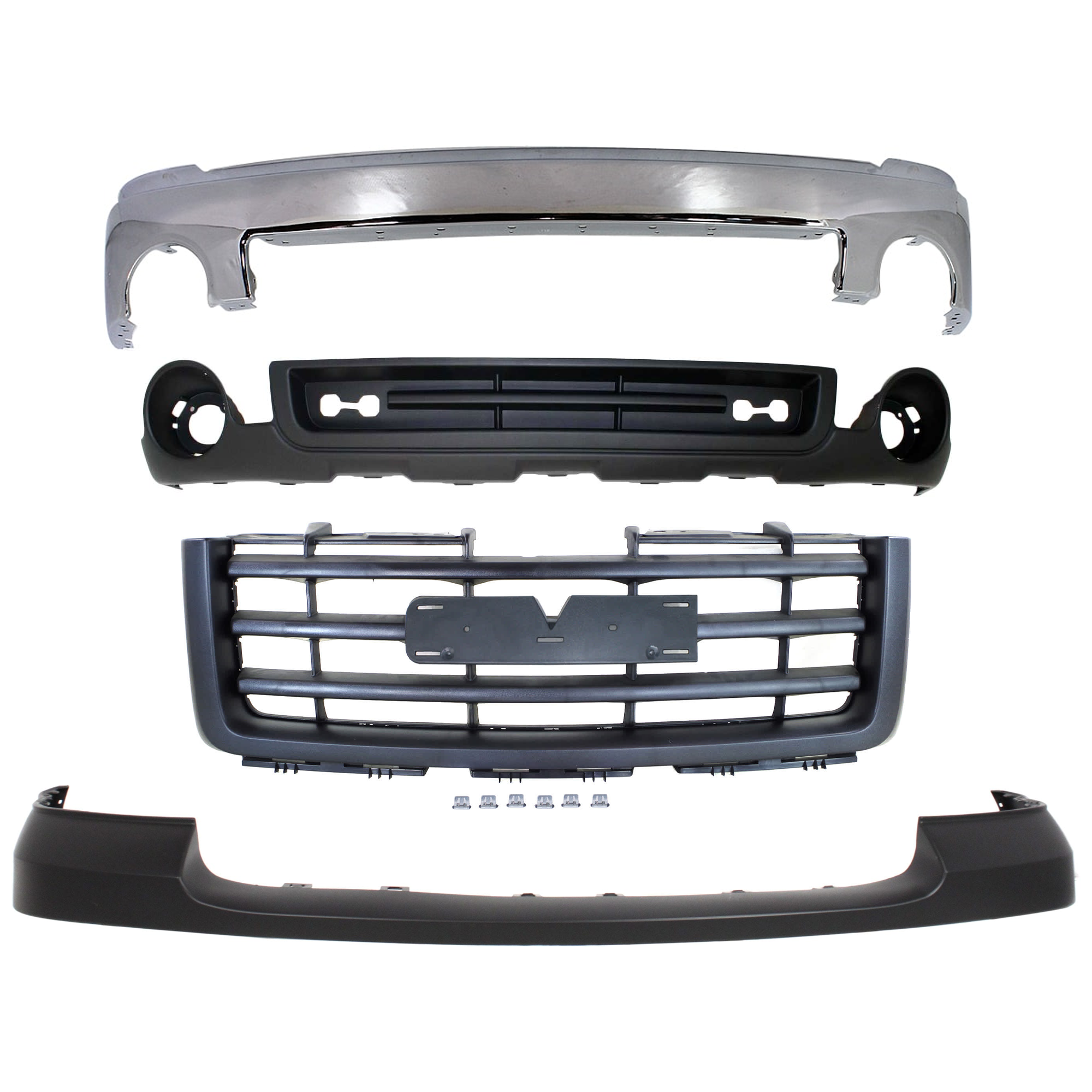 AM SIERRA 1500-07-13 FRONT BUMPER 4 pc kit Chrome w o Air Hole with Bumper Cover Grille Assembly and Valance SKU KIT 071824 C548 Partslink GM1002833 GM1014102 GM1200583 GM1015100 OEM 15901505-25783584-22761793-151