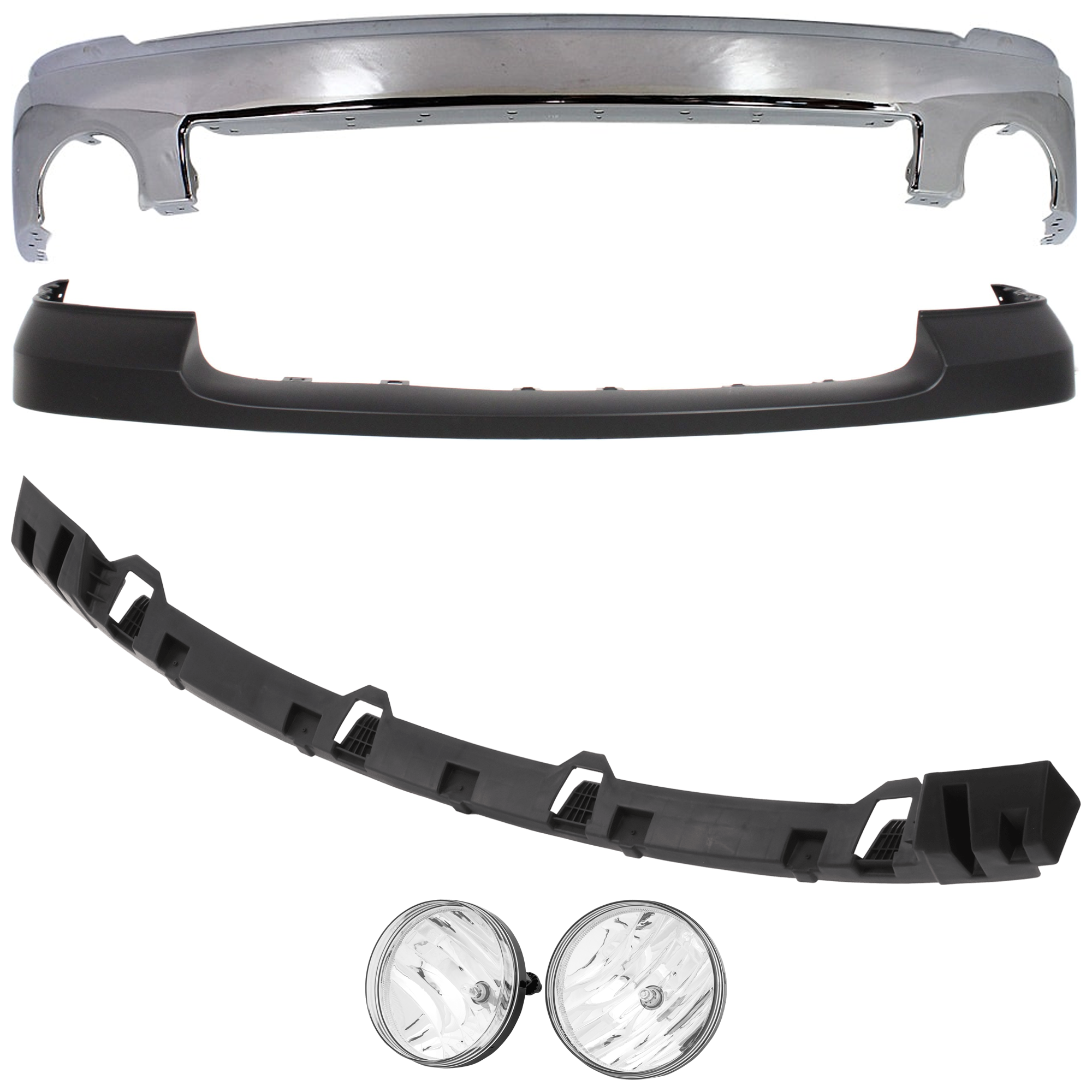 AM SIERRA 1500-07-13 FRONT BUMPER 4 pc kit Chrome w o Air Hole with Bumper Bracket Bumper Cover and Fog Light SKU KIT 071824 C549 Partslink GM1002833 GM1065108 GM1014102 GM2593161 GM2592161 OEM 15901505-15246822-25783584-258