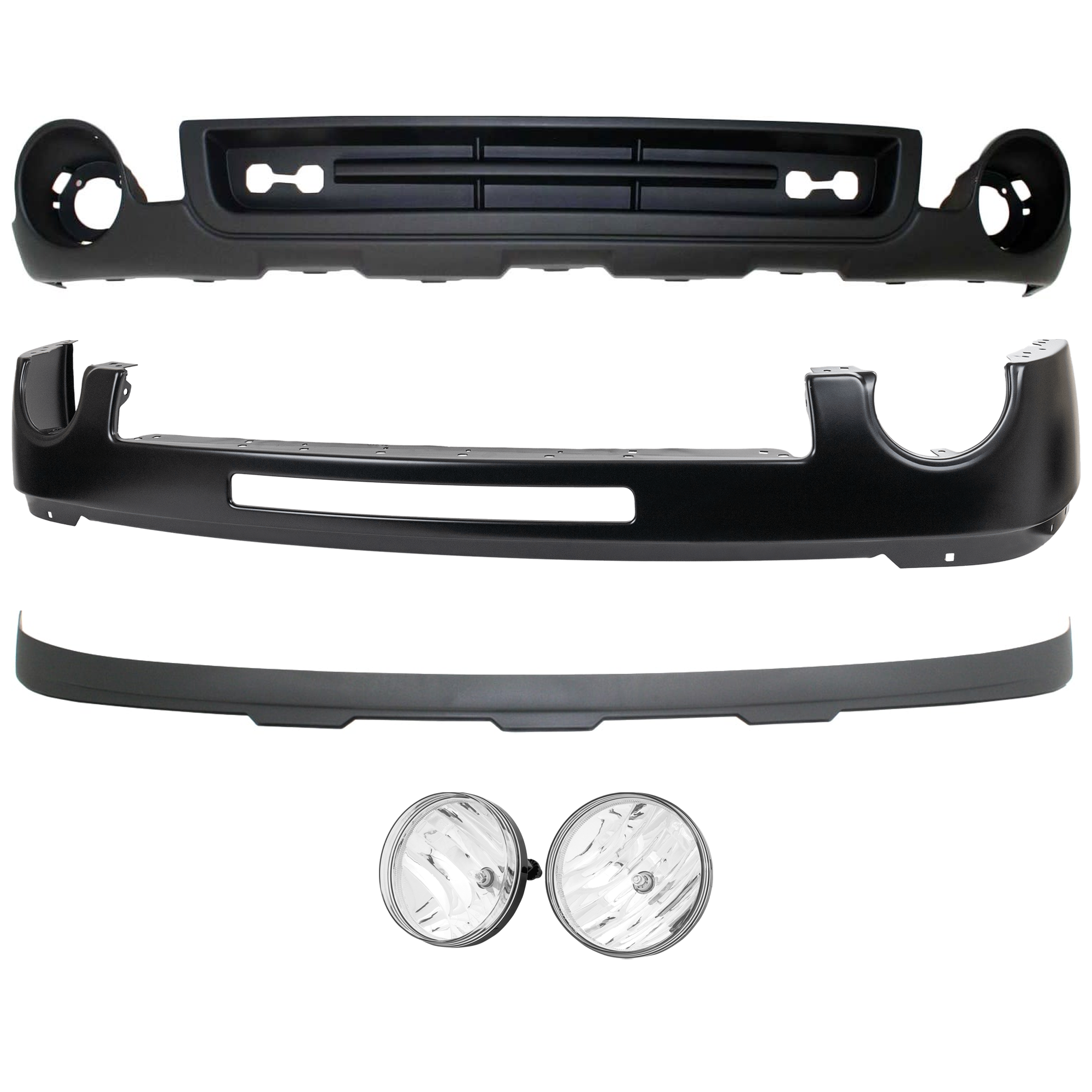 AM SIERRA 1500-11-13 FRONT BUMPER 4 pc kit Powdercoated Black w Air Hole with Fog Light and Valance SKU KIT 071824 C552 Partslink GM1002832 GM2593161 GM2592161 GM1092211 GM1015100 OEM 15901510-25866496-25866495-159