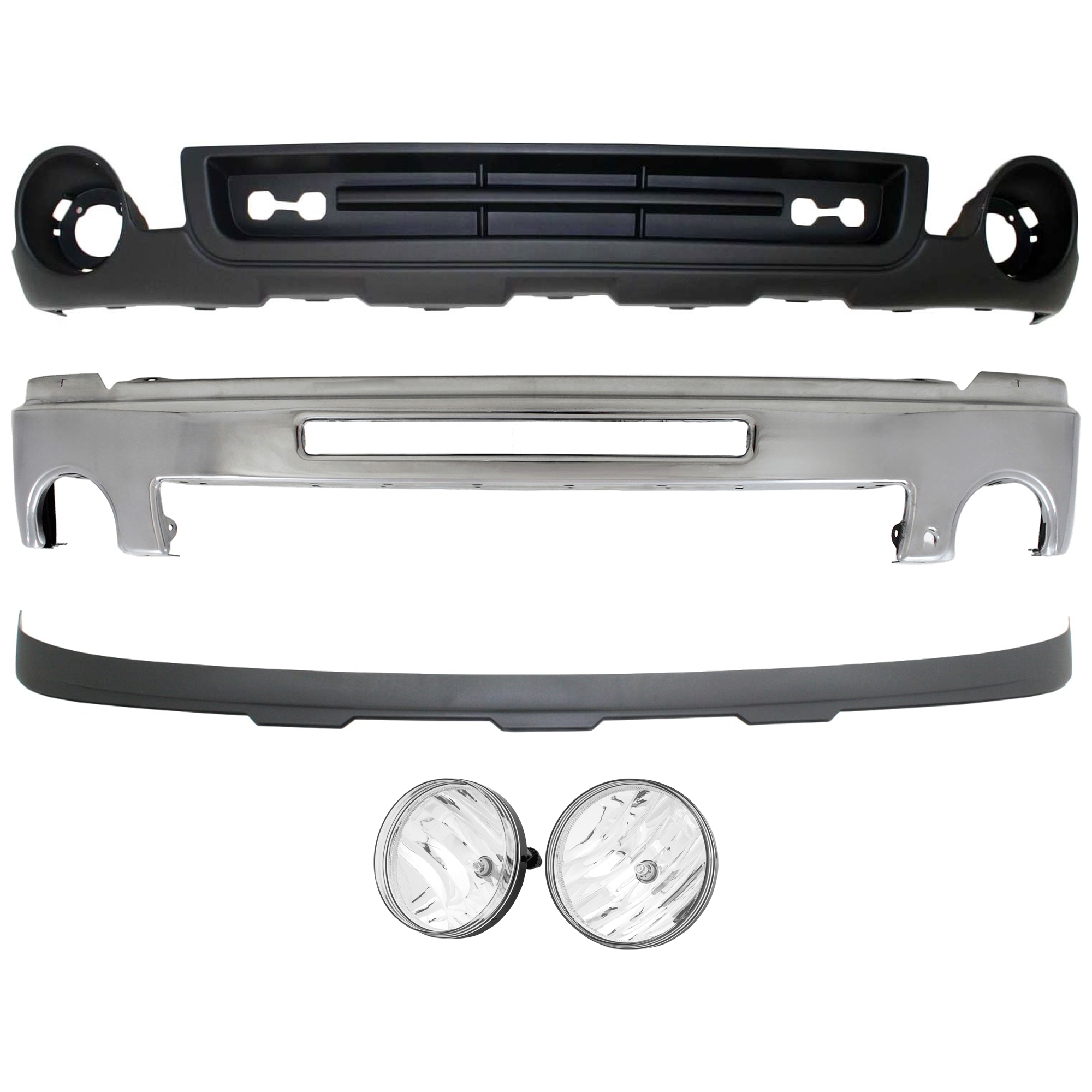 AM SIERRA 1500-07-13-2500 HD 3500 HD 07-10 FRONT BUMPER 5 pc kit w Fog Light and Valance SKU KIT 071824 C553 Partslink GM1002834 GM2593161 GM2592161 GM1092211 GM1015100 OEM 15902856-25866496-25866495-159