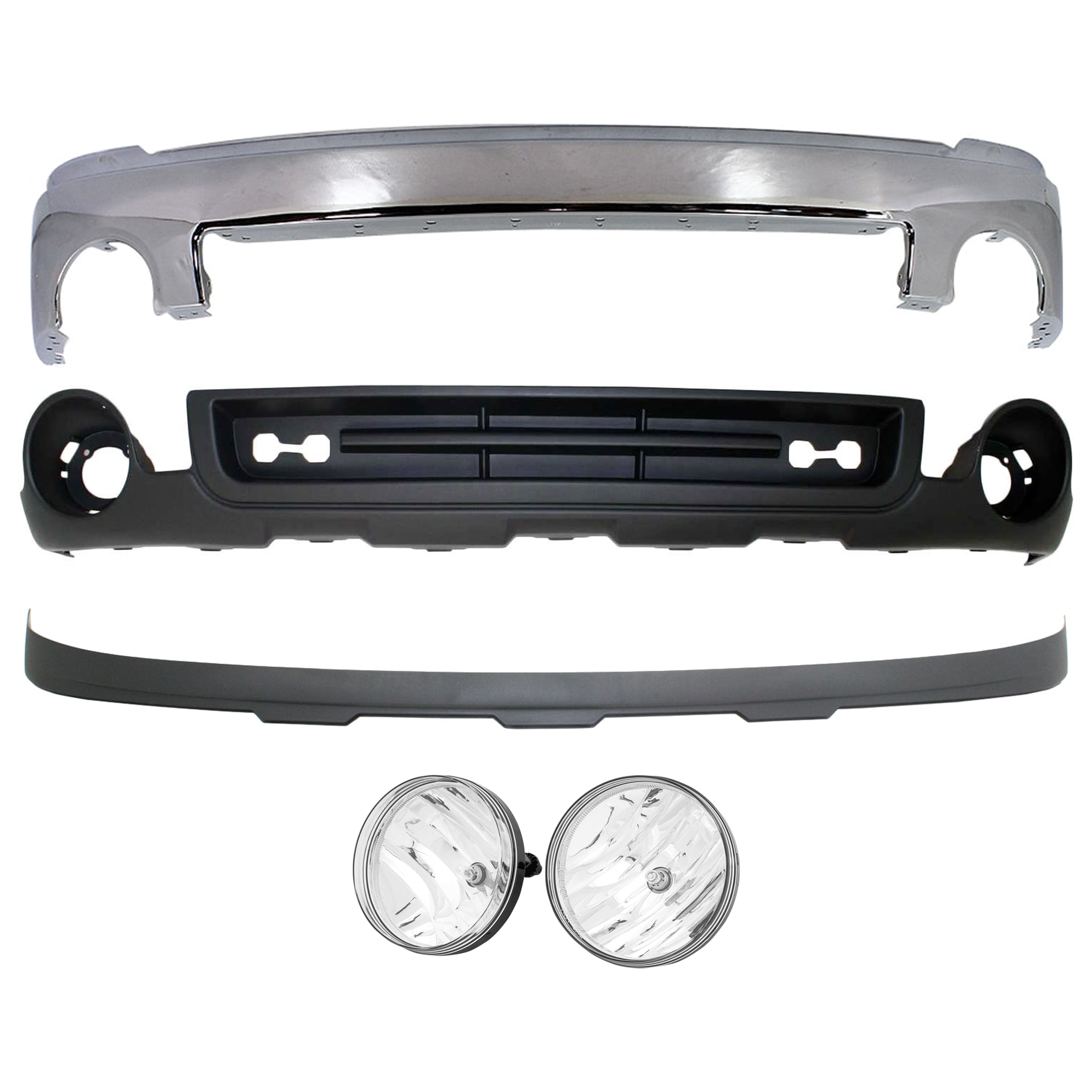 AM SIERRA 1500-07-13 FRONT BUMPER 5 pc kit Chrome w o Air Hole with Fog Light and Valance SKU KIT 071824 C554 Partslink GM1002833 GM2593161 GM2592161 GM1092211 GM1015100 OEM 15901505-25866496-25866495-159