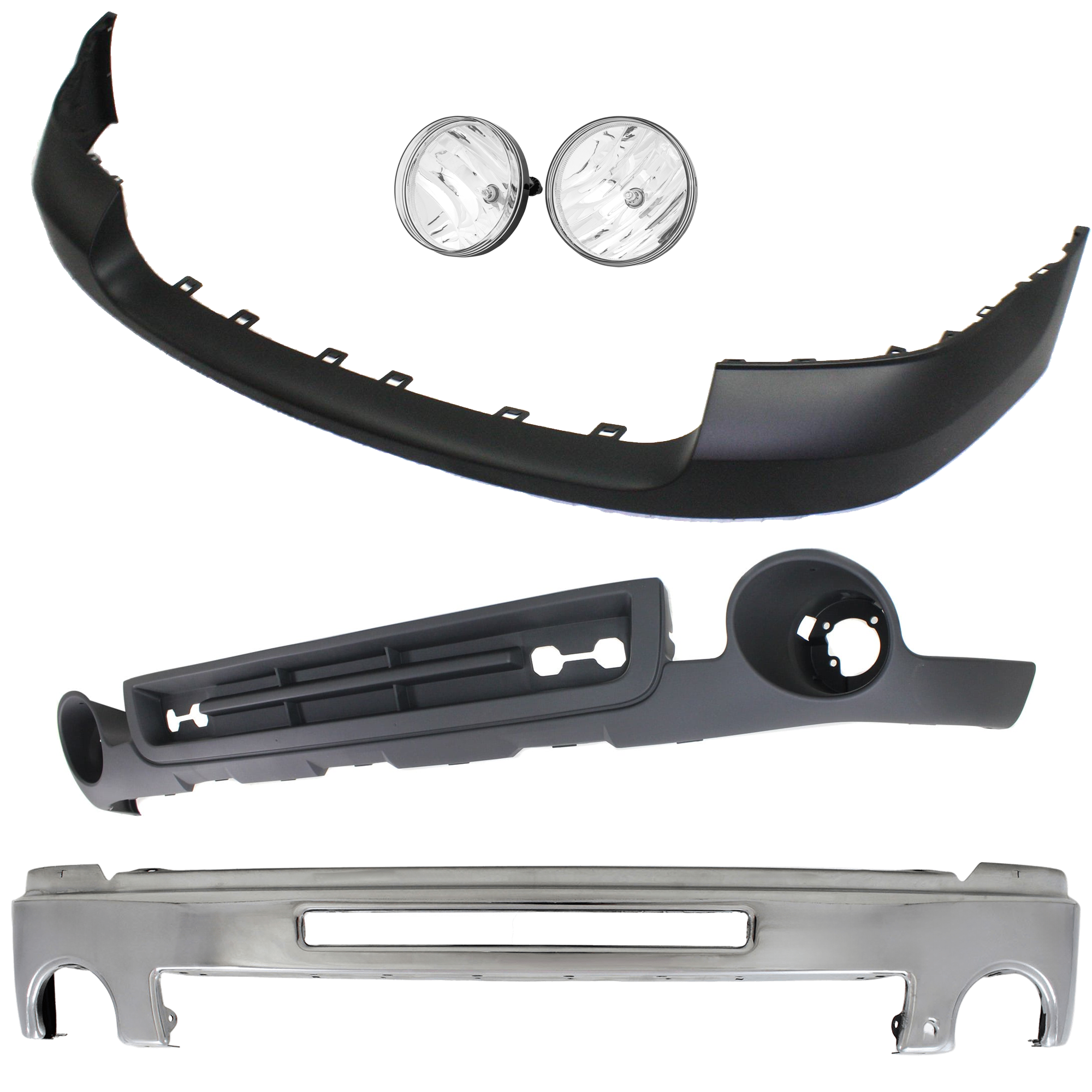 AM SIERRA 2500 HD 3500 HD 07-10 FRONT BUMPER 5 pc kit Chrome w Air Hole with Bumper Cover Fog Light and Valance SKU KIT 071824 C555 Partslink GM1002834 GM1000873 GM2593161 GM2592161 GM1092218 OEM 15902856-25783597-25866496-258