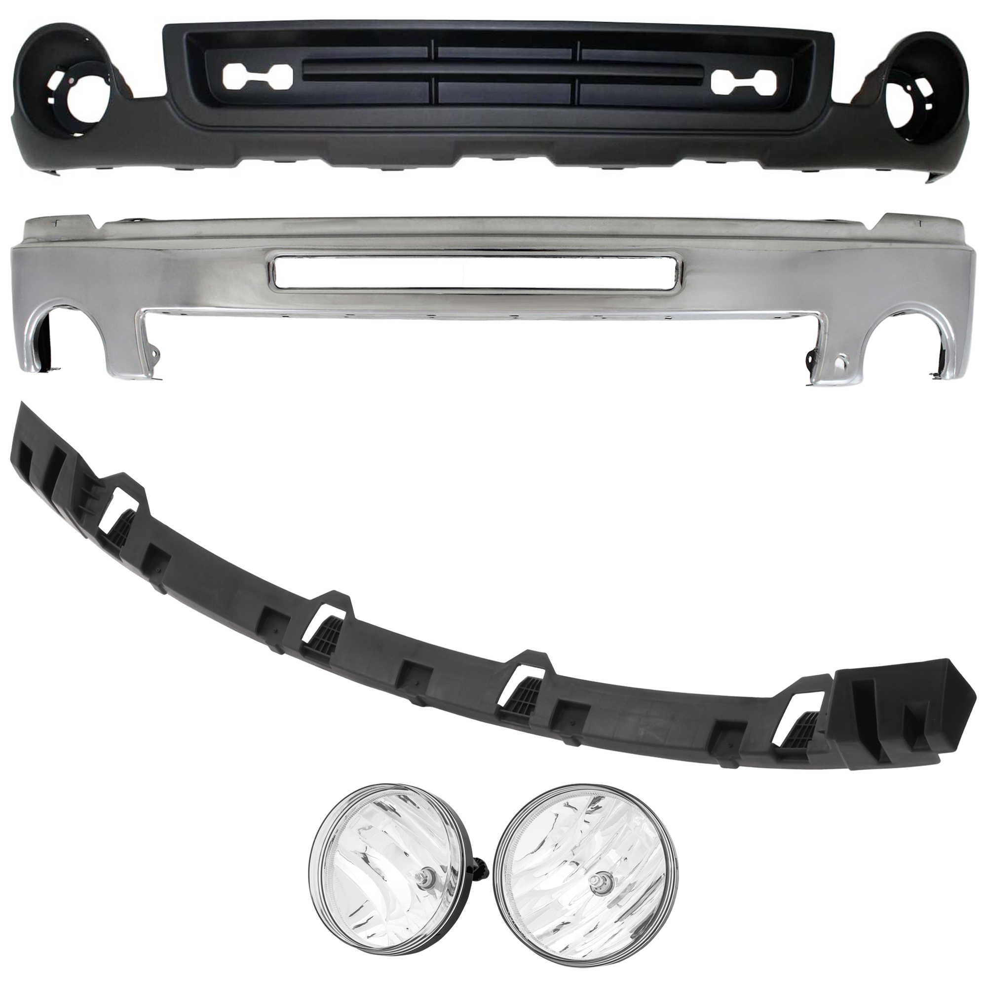 AM SIERRA 1500-07-13 FRONT BUMPER 5 pc kit Chrome w Air Hole with Bumper Bracket Fog Light and Valance SKU KIT 071824 C556 Partslink GM1002834 GM1065108 GM2593161 GM2592161 GM1015100 OEM 15902856-15246822-25866496-258