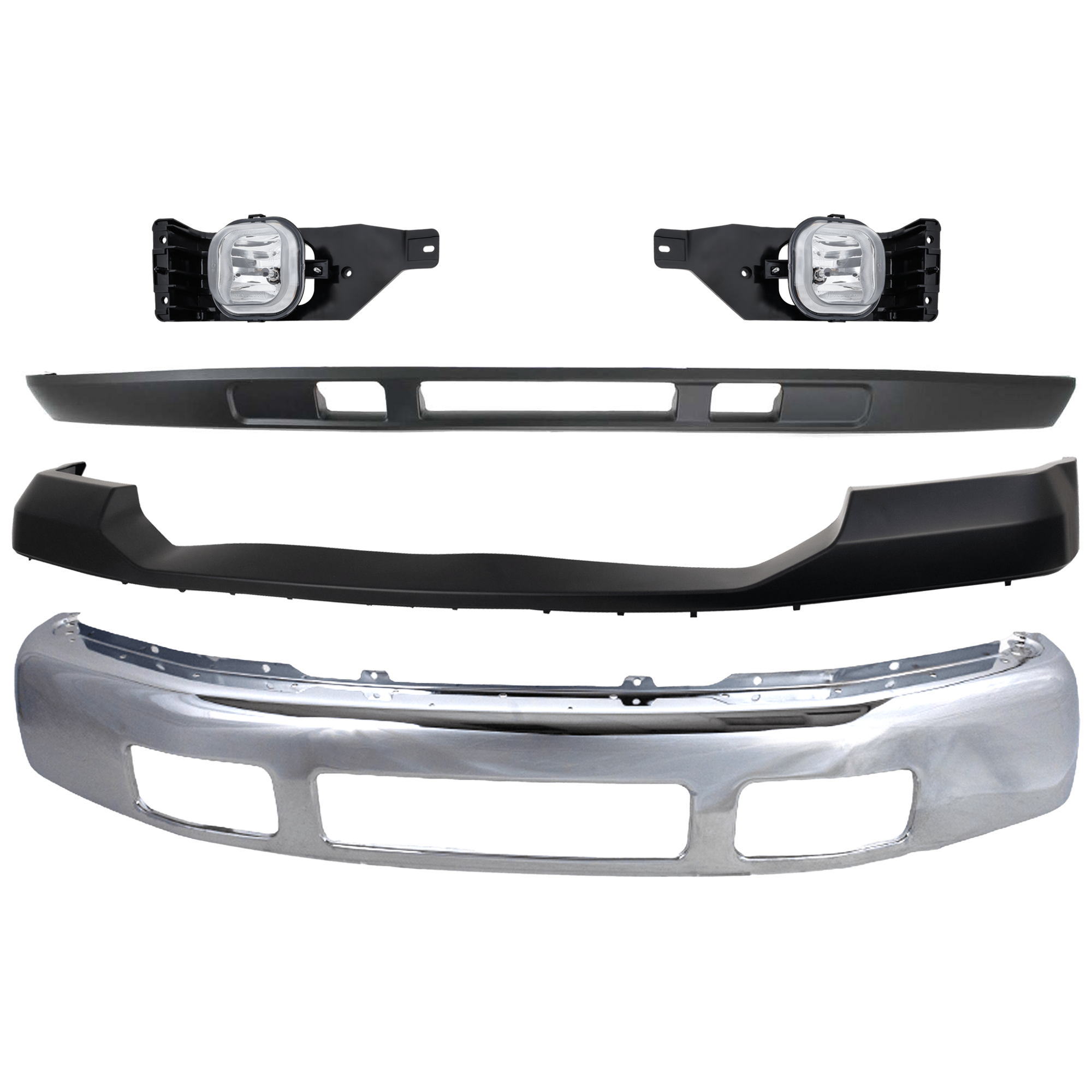 AM F 250 F 350 SUPER DUTY 05-07 FRONT BUMPER 4 pc kit Chrome with Bumper Cover Fog Light and Valance SKU KIT 071824 C566 Partslink FO1002392 FO1057292 FO2593211 FO2592211 FO1095219 OEM 5C3Z17757BA 6C3Z17D957BAPTM 6C