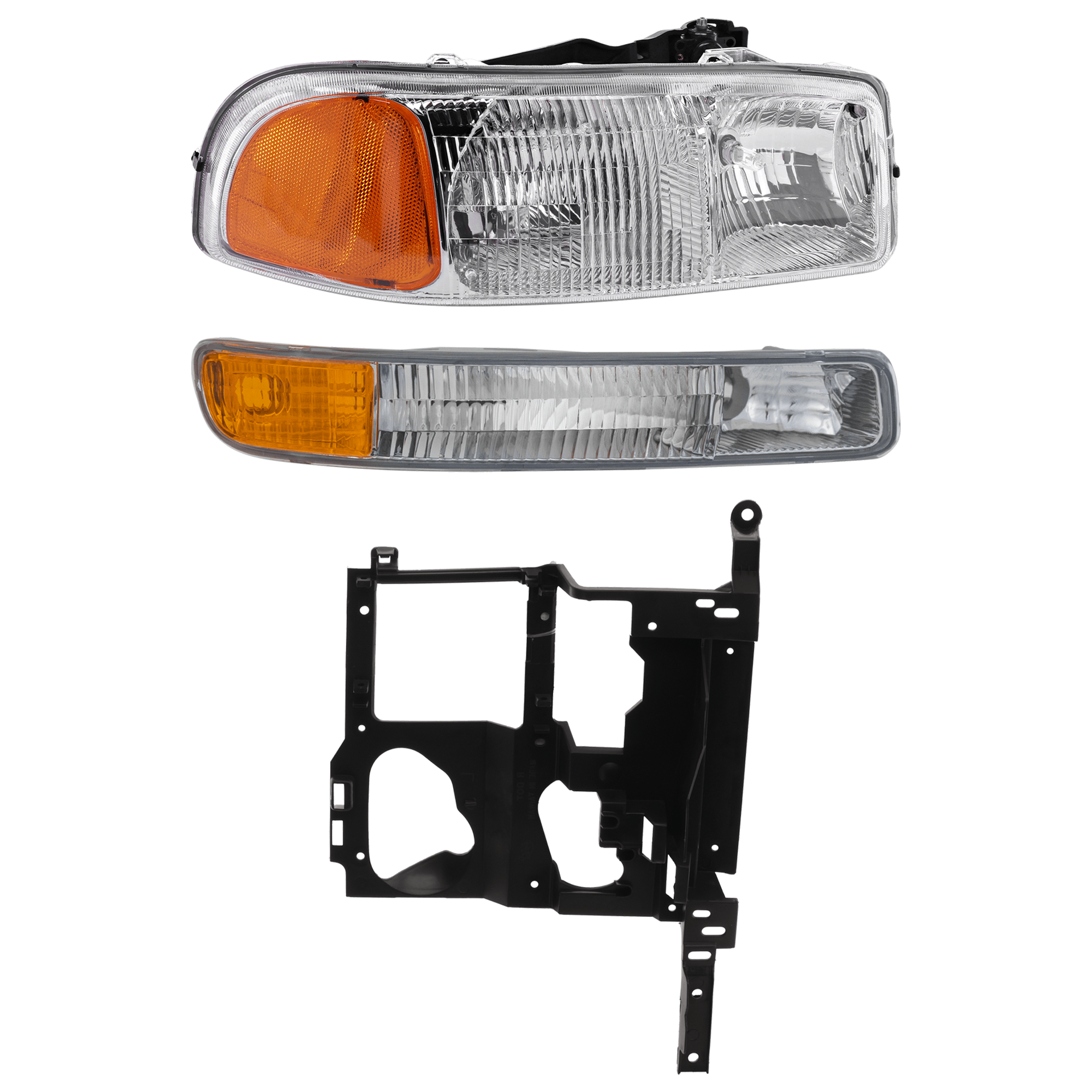 AM SIERRA 03-07 HEAD LAMP RH AND LH 3 pc kit Assembly Halogen with Headlight Bracket and Parking Light SKU KIT 071824 C587 Partslink GM2503188 GM1221133 GM2521174 OEM 15850352-15798924-15199561