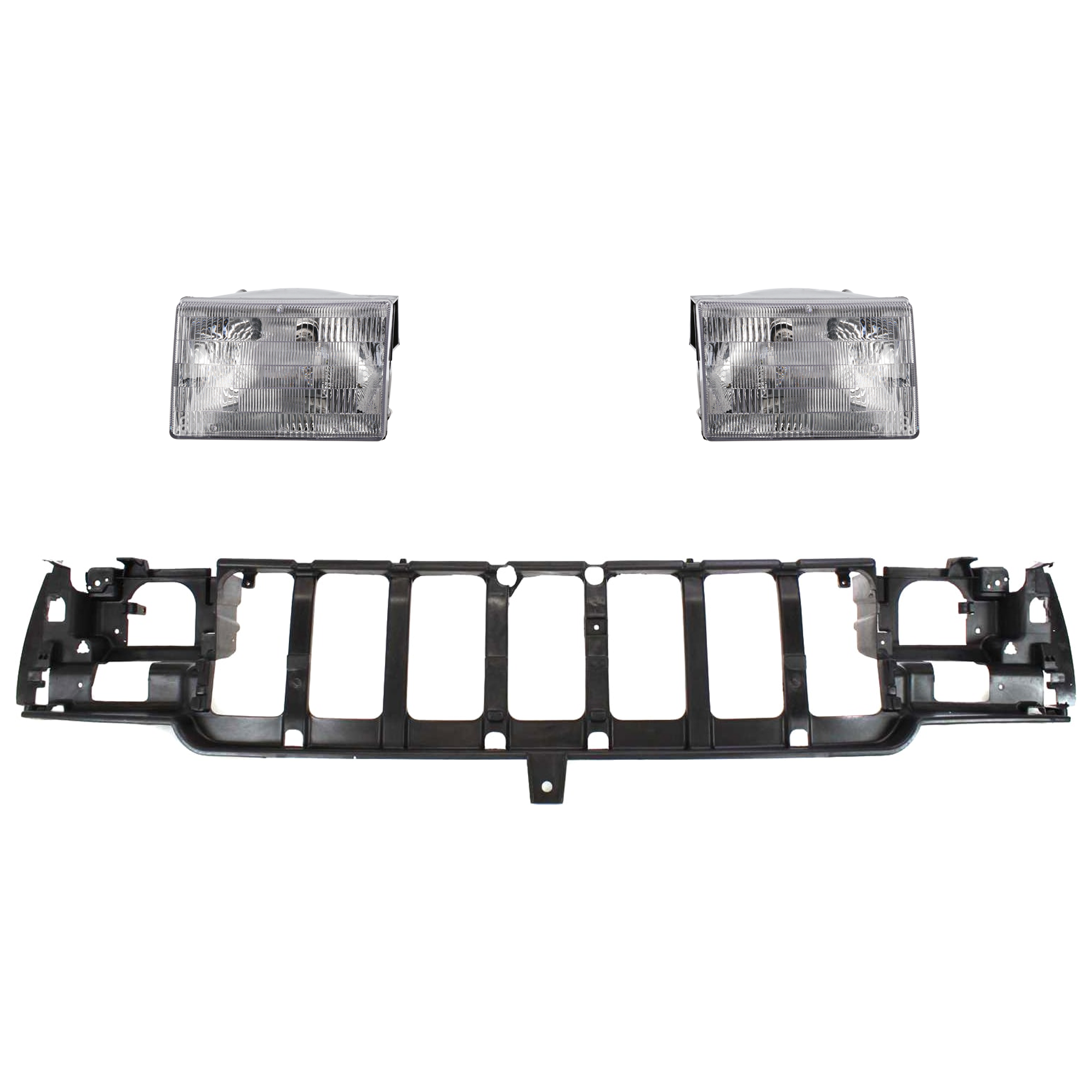 AM GRAND CHEROKEE 96-98 HEADER PANEL 3 pc Kit Thermoplastic with Headlight SKU KIT 071824 C588 Partslink CH1220114 CH2503104 CH2502104 OEM 55054996AB 55155126-55055118AB