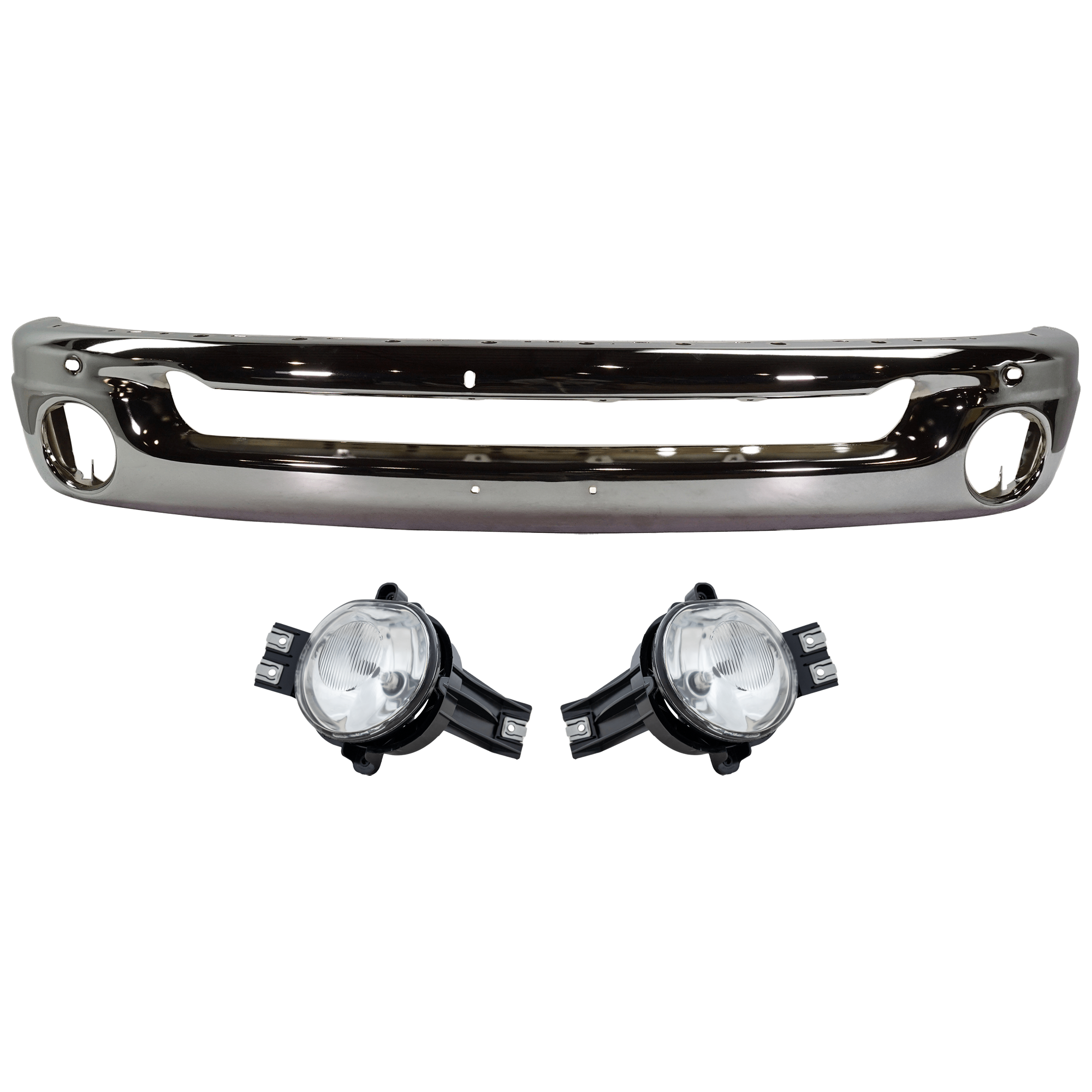 AM DODGE FULL SIZE PICKUP 02-09 FRONT BUMPER 3 pc kit Face Bar Steel Chrome with Fog Light SKU KIT 071824 C589 Partslink CH1002383 CH2592121 CH2593121 OEM 55077946AB 55077475AE 55077474