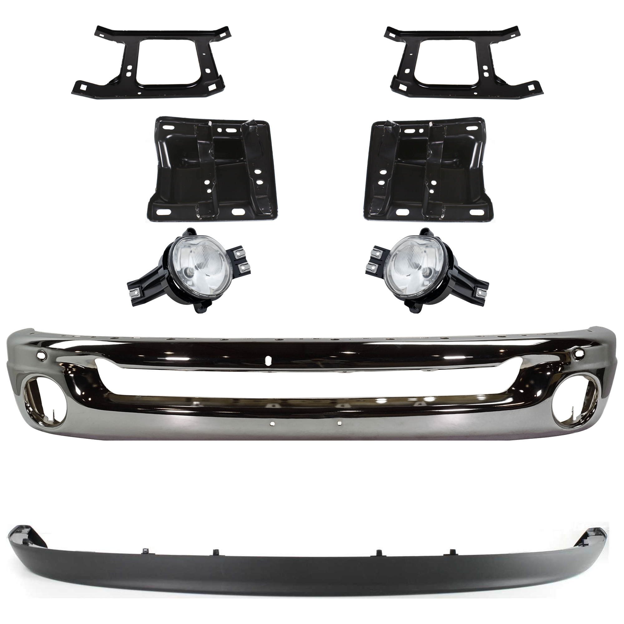 AM RAM 1500-02-05 FRONT BUMPER 8 pc kit Face Bar Steel Chrome with Bumper Bracket Fog Light and Valance SKU KIT 071824 C58 Partslink CH1002383 CH1066127 CH1067127 CH1066131 CH1067131 CH2592121 CH2593121 CH1090125 OEM 55077946AB 55077209AA 55077208