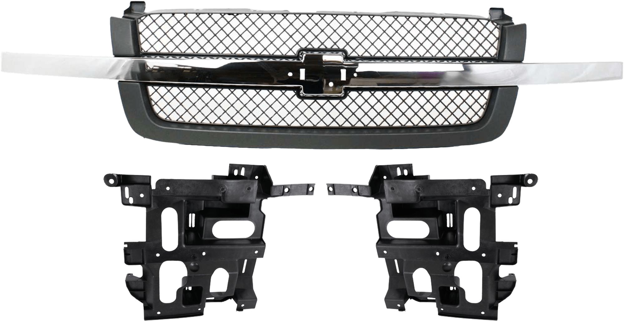 AM CHEVROLET C K FULL SIZE PICKUP 03-07 GRILLE 3 pc Kit Textured Gray Mesh Insert w Headlight Bracket SKU KIT 071824 C612 Partslink GM1200474 GM1221130 GM1221131 OEM 88968933-15798921-15798922