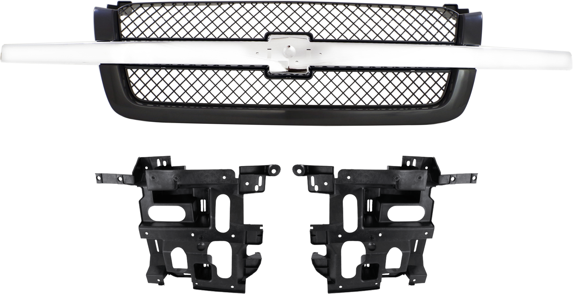 AM SILVERADO 03-06 GRILLE 3 pc Kit w Headlight Bracket SKU KIT 071824 C613 Partslink GM1200489 GM1221130 GM1221131 OEM 19168629-15798921-15798922