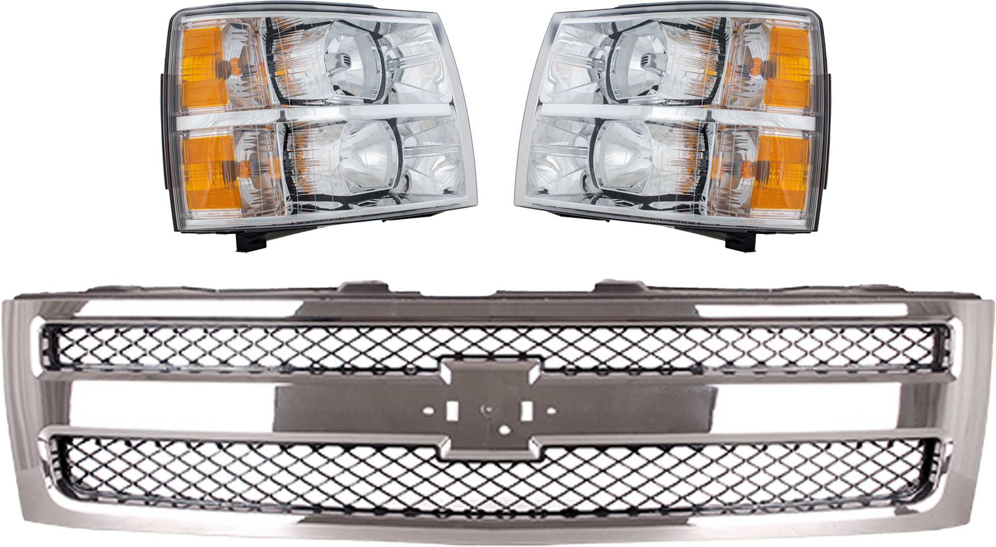 AM SILVERADO 1500-07-13 GRILLE 3 pc Kit w Headlight SKU KIT 071824 C614 Partslink GM1200572 GM2503280 GM2502280 OEM 25810707-19303978-22849840-228