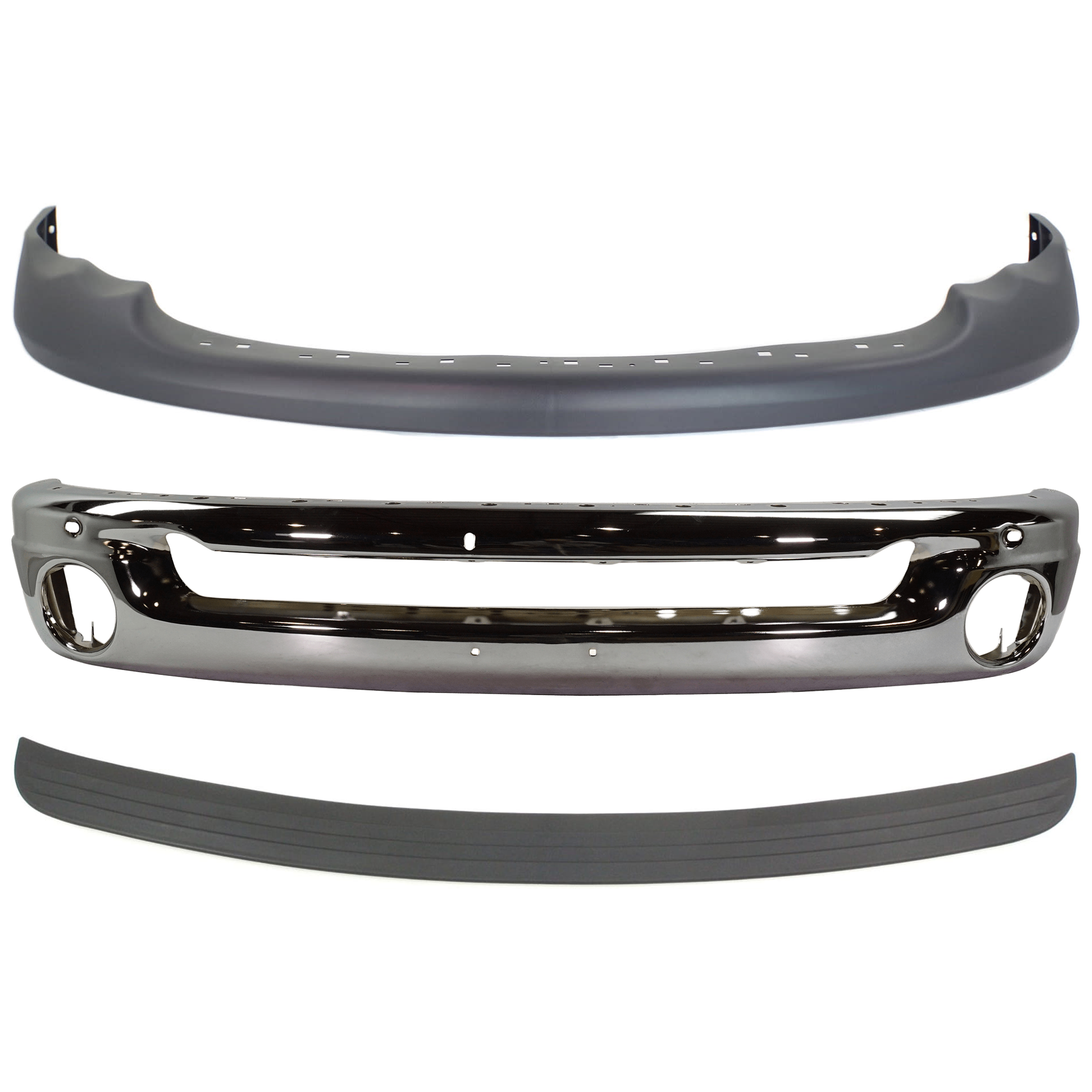 AM RAM 1500-02-02 FRONT BUMPER 3 pc kit Face Bar Steel Chrome with Bumper Trim and Valance SKU KIT 071824 C628 Partslink CH1002383 CH1019101 CH1000411 OEM 55077946AB 55077342AB 55077355