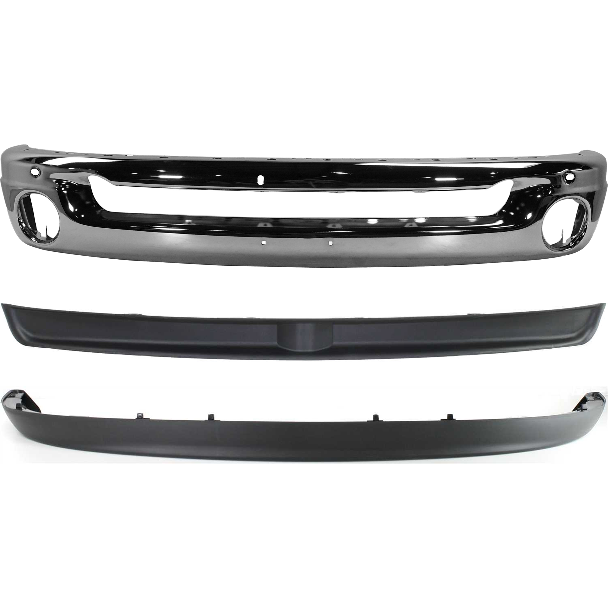 AM RAM 1500-03-08 FRONT BUMPER Face Bar Chrome Steel 3 pc kit with Bumper Trim and Valance SKU KIT 071824 C633 Partslink CH1002383 CH1091101 CH1090125 OEM 55077946AB 55077896AC 55077337