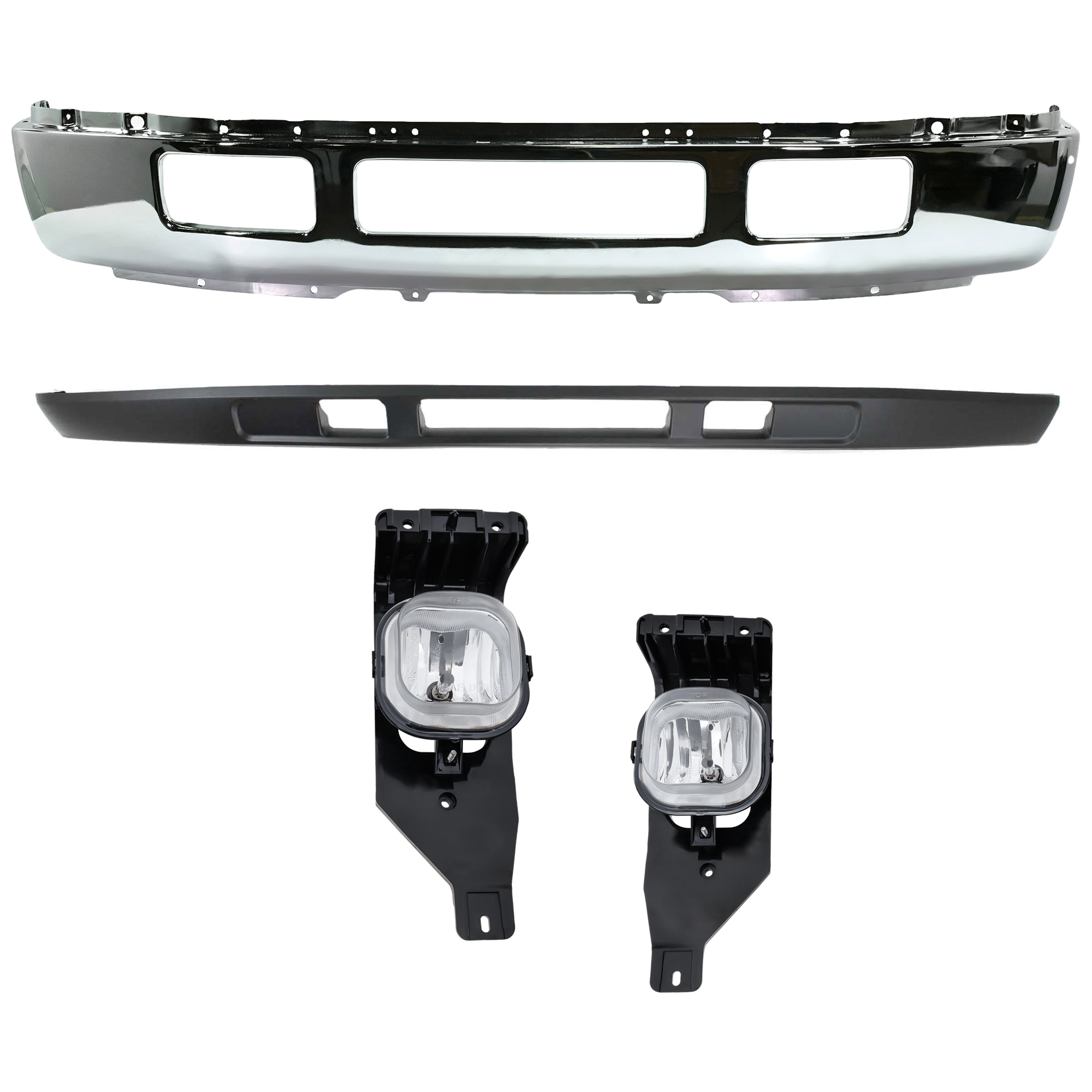 AM F 450 F 550 SUPER DUTY 05-07 FRONT BUMPER 3 pc kit Chrome w Fender Flare with Fog Light and Valance SKU KIT 071824 C657 Partslink FO1002396 FO2593211 FO2592211 FO1095219 OEM 5C3Z17757FA 6C3Z15200AA 6C3Z15
