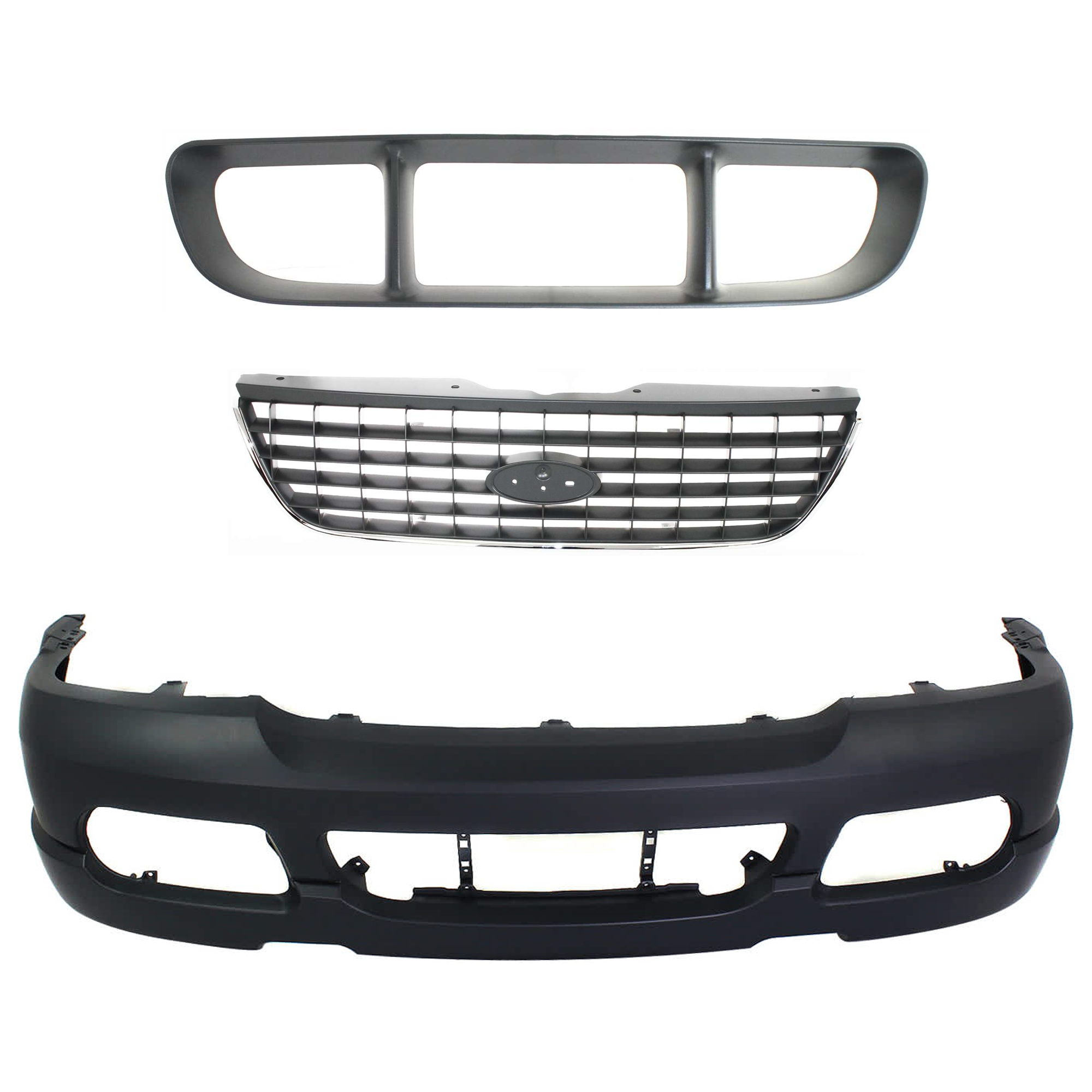 AM EXPLORER 02-05 FRONT BUMPER COVER 3 pc kit Primed with Bumper Grille and Grille Assembly SKU KIT 071824 C663 Partslink FO1000496 FO1036107 FO1200396 OEM 2L2Z17D957SAPTM 1L2Z17K945AAA