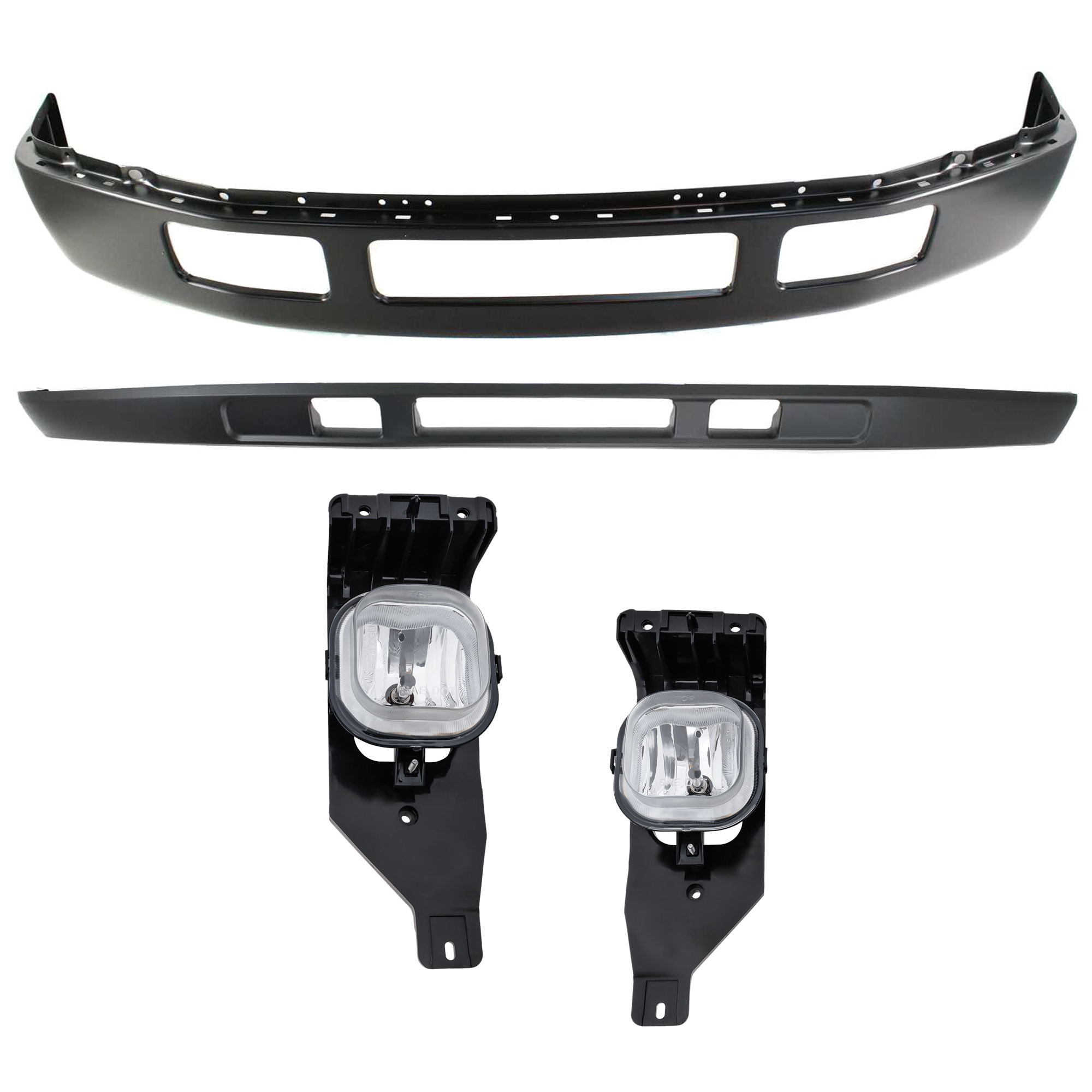 AM EXCURSION 05-05 F 250 F 350 SUPER DUTY 05-07 FRONT BUMPER 3 pc kit Black with Fog Light and Valance SKU KIT 071824 C676 Partslink FO1002393 FO2593211 FO2592211 FO1095219 OEM 5C3Z17757CAA 6C3Z15200AA 6C3Z1